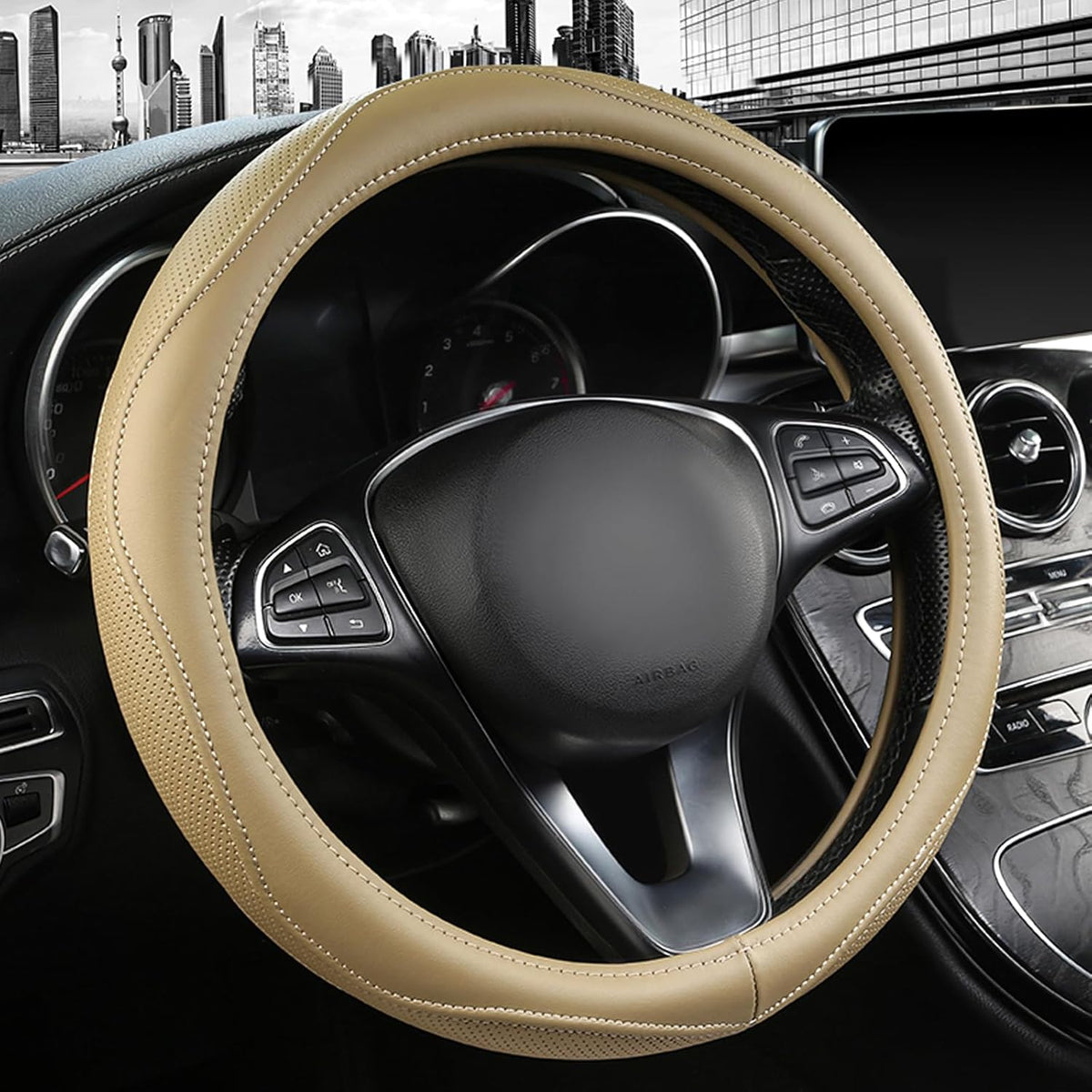 High-Grade Beige Genuine Leather Steering Wheel Cover for Men Women，Real Cowhide Leather Steering Wheel Cover for Cars,Universal 14.5-15 inch Steering Wheels