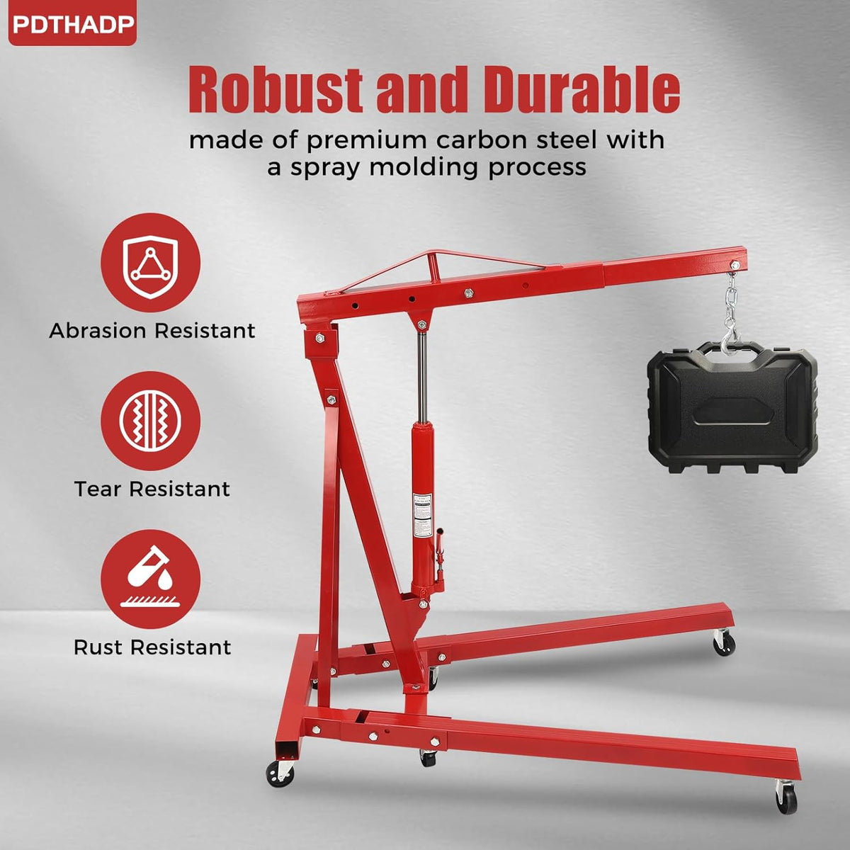 Engine Hoist 2 Ton Folding Engine Lift Folding Cherry 6.89Ft Picker Shop Crane Hoist Lift with 6 Wheels Engine Crane Folding Engine Hoist for Car Fixing Workshops Garages (Red)
