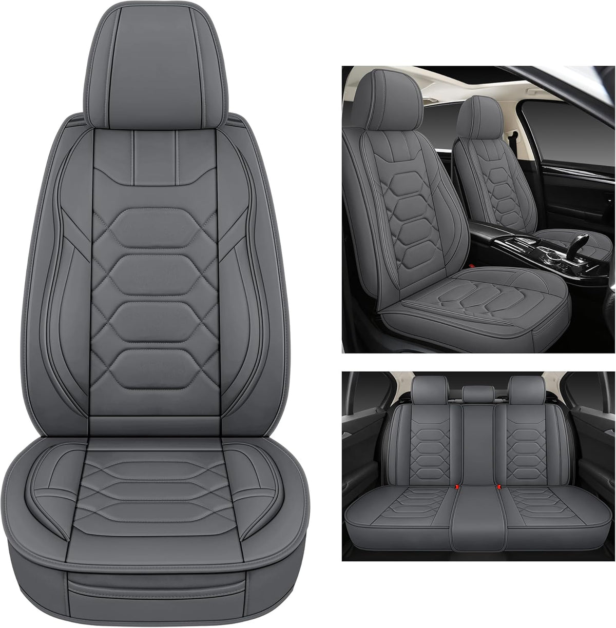 Pariitadin Leather Car Seat Covers Full Set, Waterproof Breathable Faux Leather Automotive Seat Covers for Cars, Non-Slip Car Interior Covers Universal Fit Most Cars Sedans Trucks SUVs, Gray