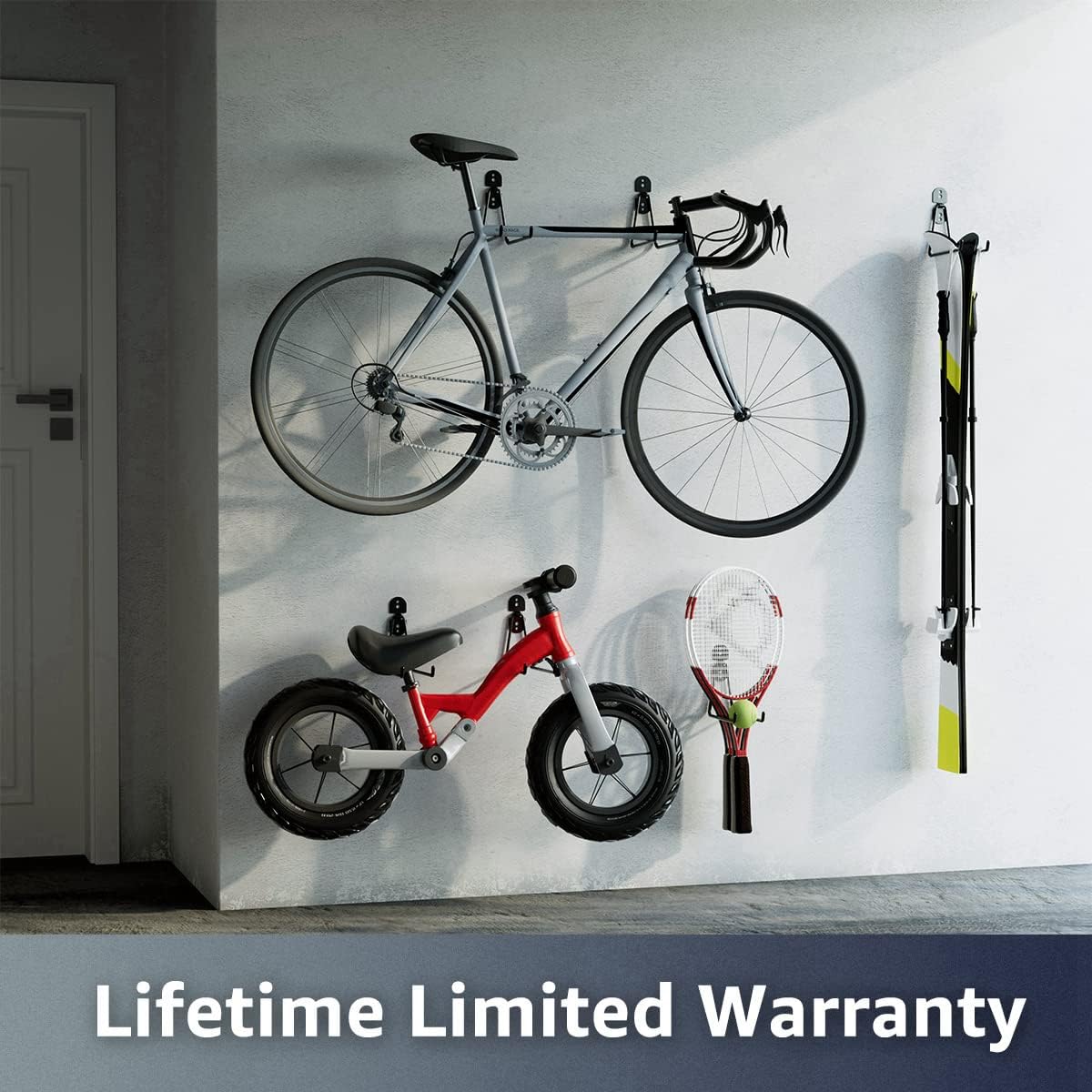 Garage Hooks 4-Pack, 11.8" Long Large Shed Storage Hanger Garden Tool Hook Heavy Duty Wall Mount Double Holder with 2 Extension Cord Storage Straps, Organize Yard Utility Hanging Ladder Black