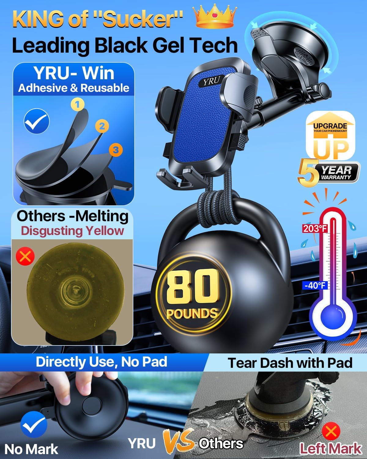 YRU [2025 Upgrade Extreme Strong Suction] Car Phone Holder Mount,[Bumpy Road Stable] Dashboard Cell Phone Holder for Car Vent Windshield Phone Stand for iPhone 16 15 14 13 Pro Max Samsung Truck, Blue