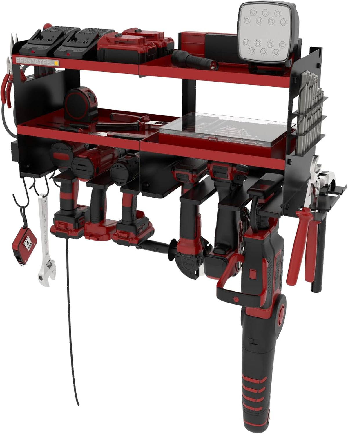 Permasteel Power Tool Organizer Wall Mount - 150 Lbs Load 3-Layer Heavy Duty Metal Storage Rack with Charging Station, Holds 6 Drills, 9 Hand Tools and 16 drill bits for Garage and Workshop, Red