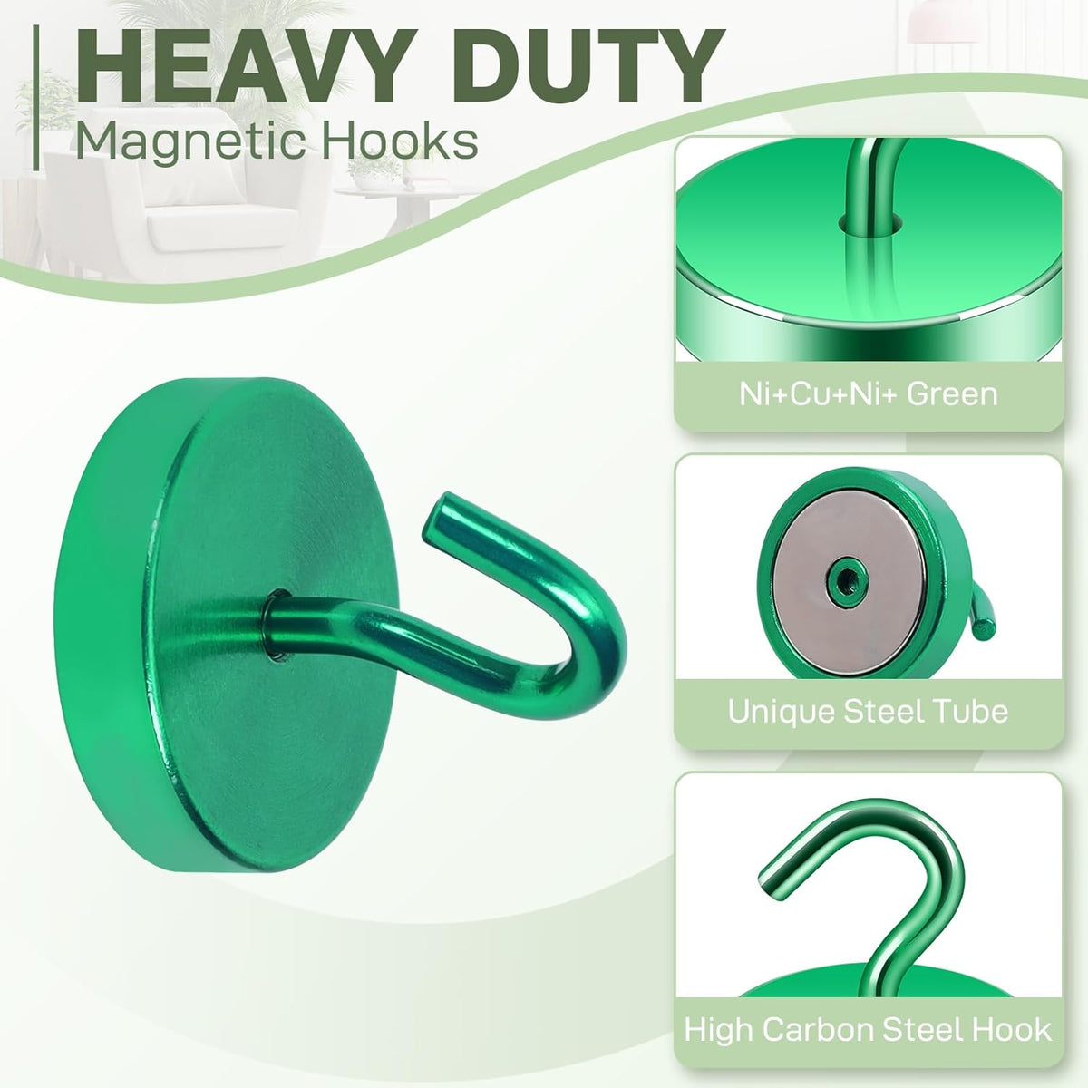 Neosmuk Magnetic Hooks, Cruise Ship Essentials, 100lb+ Heavy Duty Magnetic Hooks for Cruise Cabins, Refrigerator, Grill, Hanging, and Travel | Extra Strong Must-Haves Magnet Hook,Green