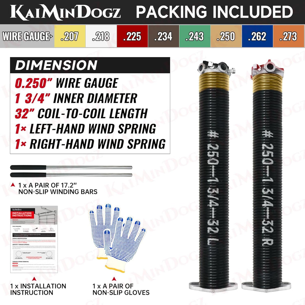 Pair of 1.75" Garage Door Torsion Springs Set with Non-Slip Winding Bars&Gloves, High Precision Electrophoresis Oil-Free Black Coated for Replacement, MIN 16,000 Cycles (0.250 x 1.75"x 32")