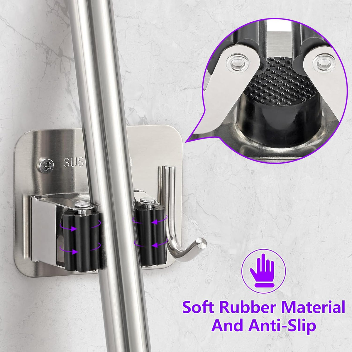 Broom Holder Wall Mount Screw Drilling, Sturdy Heavy Duty Stainless Steel Mop Gripper Rack Perforated, Perfect for Laundry Room Organizer, Fit with Laundry Kitchen Garage Garden Storage System
