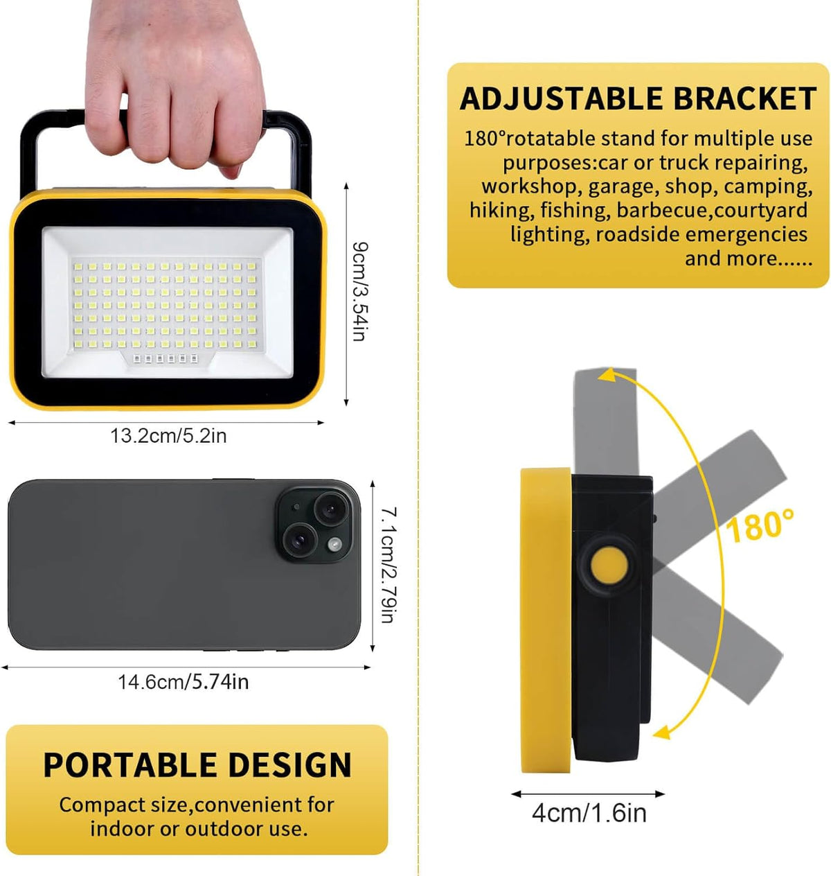 Rechargeable Work Light with Tripod Hole, 2-Pack LED Battery Work Lightings, 40W Waterproof Portable Flood Light Cordless Job Site Lighting 180° Rotate for Garage Camping Car Repairing