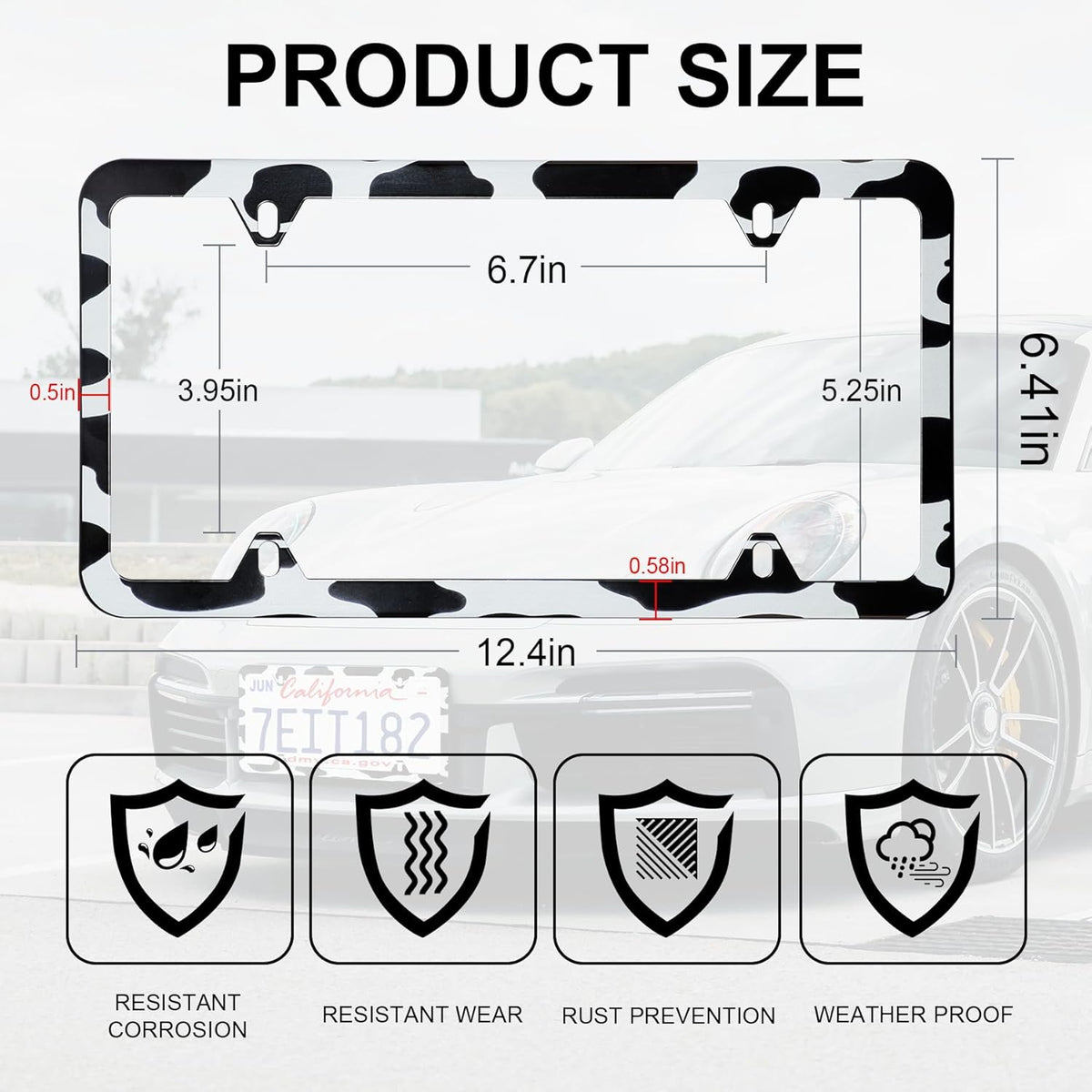 LivTee 4 Holes Stainless Steel License Plate Frames, 2 PCS Car Licence Plate Covers, Automotive Exterior Accessories Slim Design with Bolts Washer Caps for US Vehicles, Cow Spot