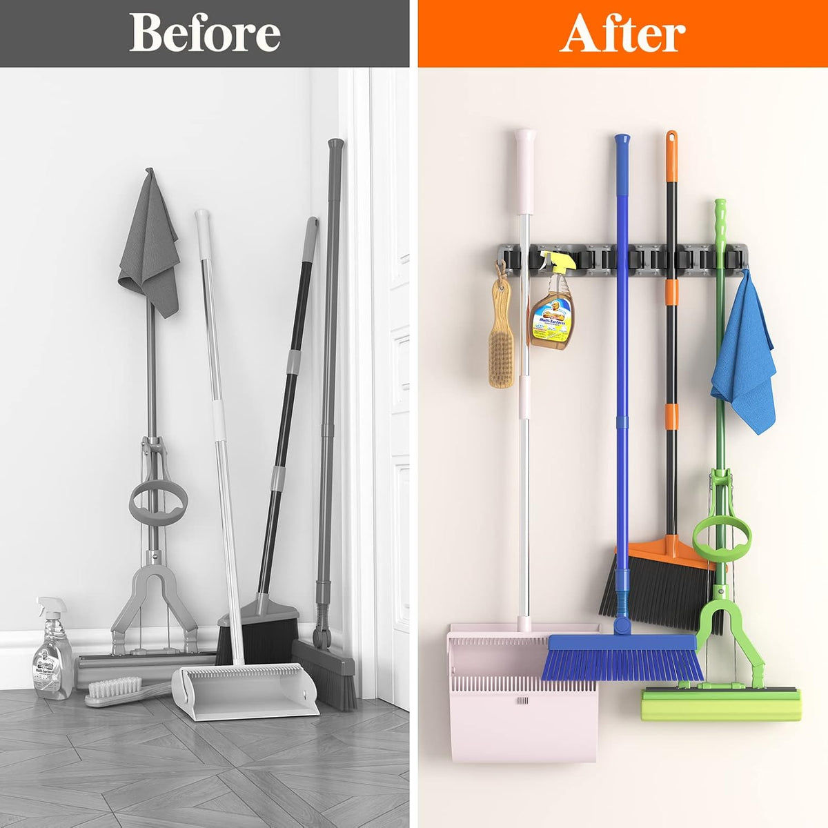 Lifewit Mop and Broom Holder Wall Mount, Anti-Slip Broom Hanger for Kitchen Organization, Heavy Duty Cleaning Supplies Organizer, Easy Install Tool Organizer for Closet, Garage, 2 Pack, Grey