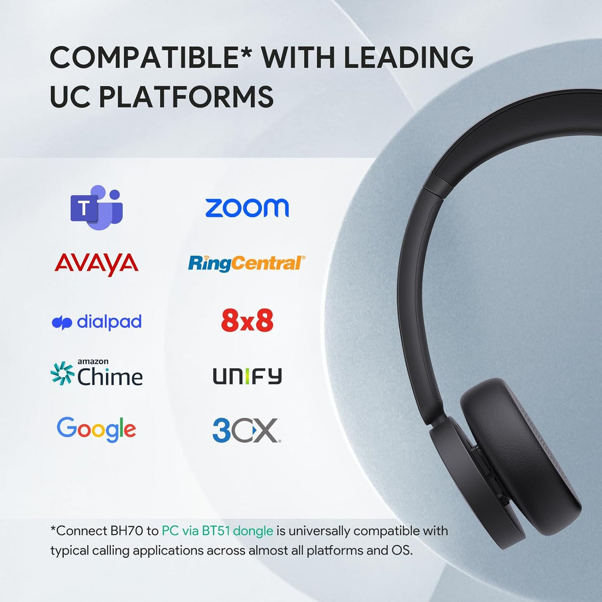 Yealink BH70 UC Wireless Bluetooth Headset with Microphone for Work, up to 35h Talking Battery, Teams UC Compatible Headsets for Computer Mobile, 147g Lightweight Headphone for Open Office 50m Range