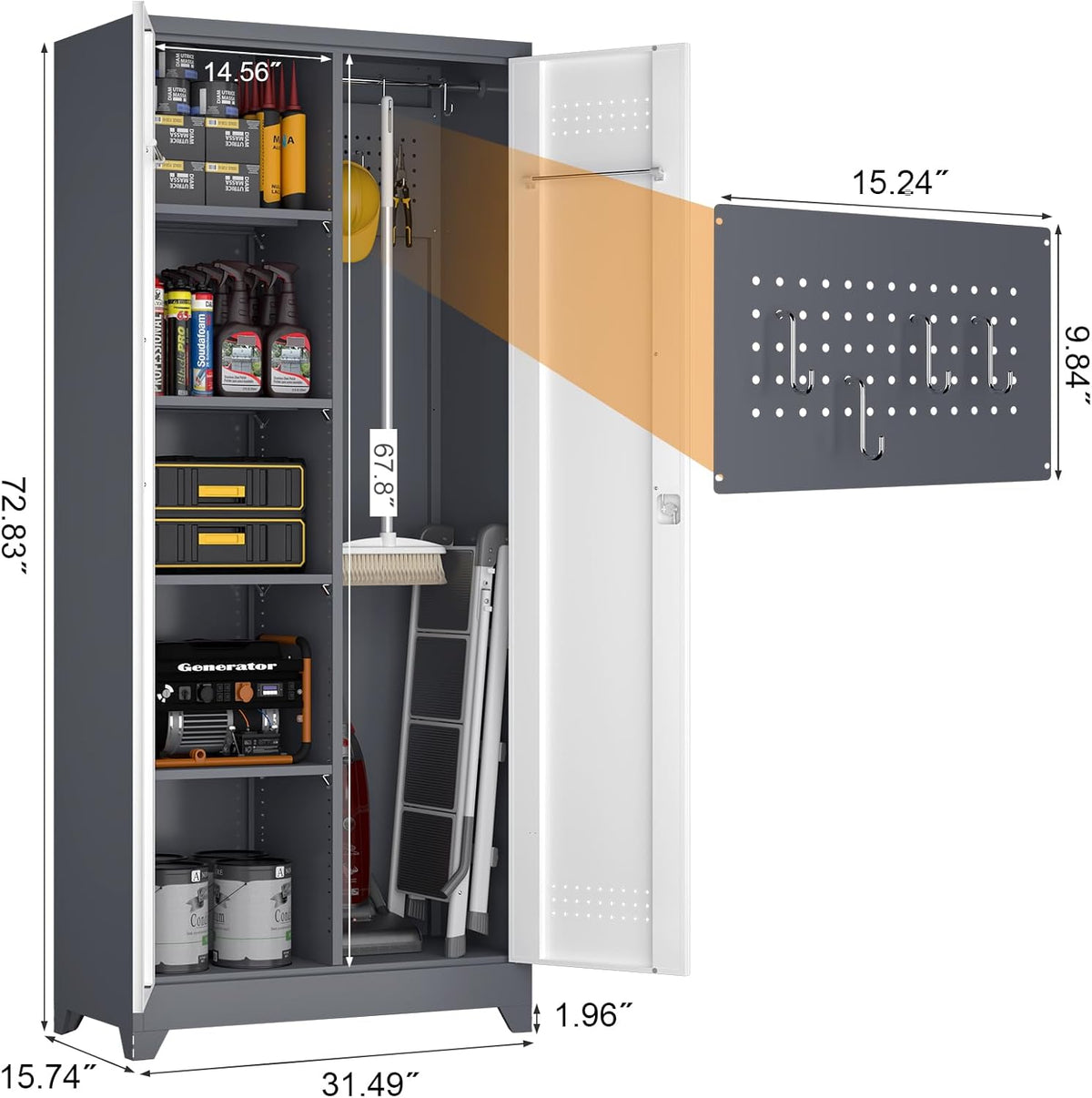 GREATMEET 72.8" H Metal Garage Storage Cabinets with Lock Door and Adjustable Shelves,Grey&White Broom Closet Storage Cabinet for Cleaning Supplies, Utility Closet for Garage, Bathroom,Kitchen,Home