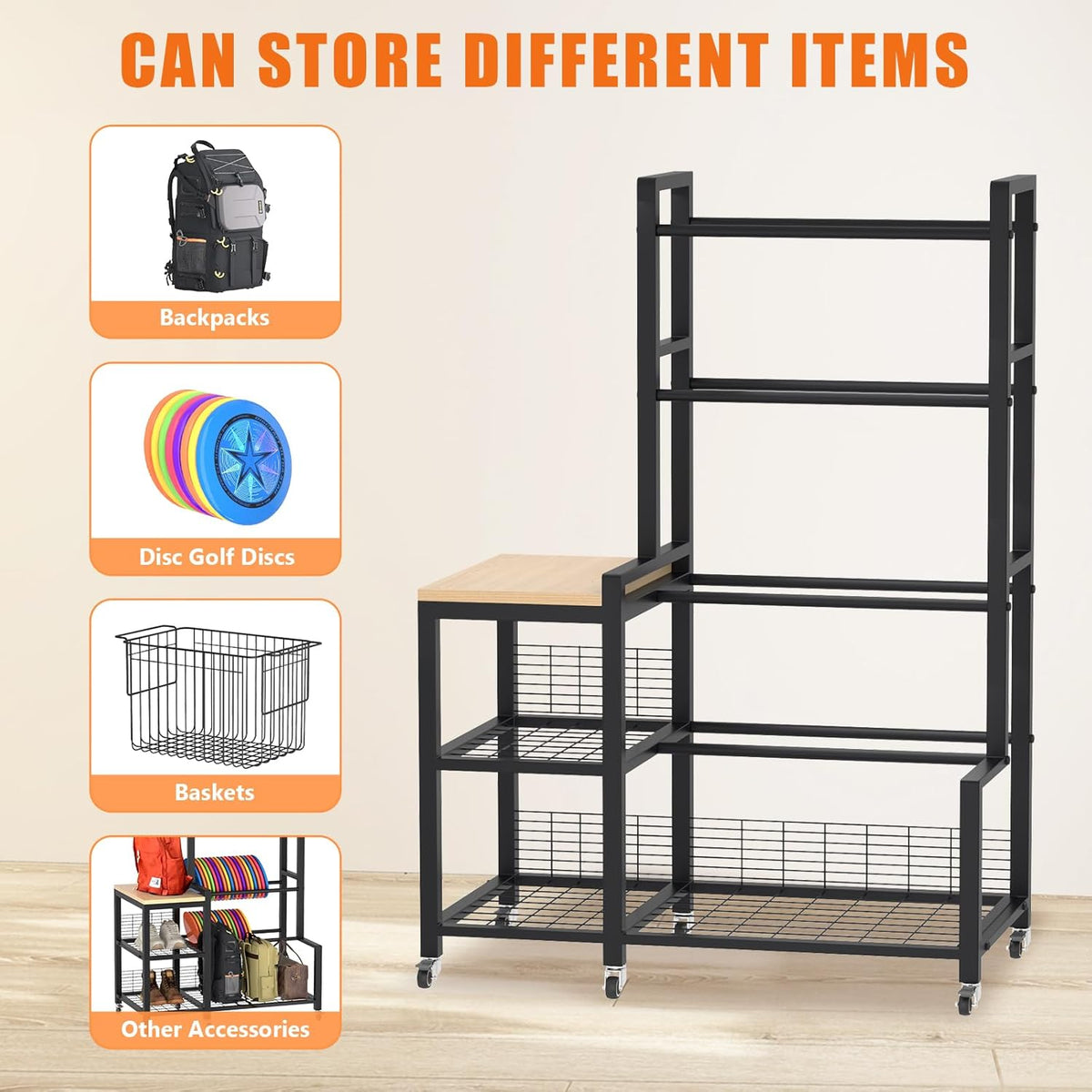 Disc Golf Storage Rack with Wheels – Heavy Duty Metal Disc Golf Rack for Discs, Backpacks & Accessories – Ideal for Garage, Home, or Store Display