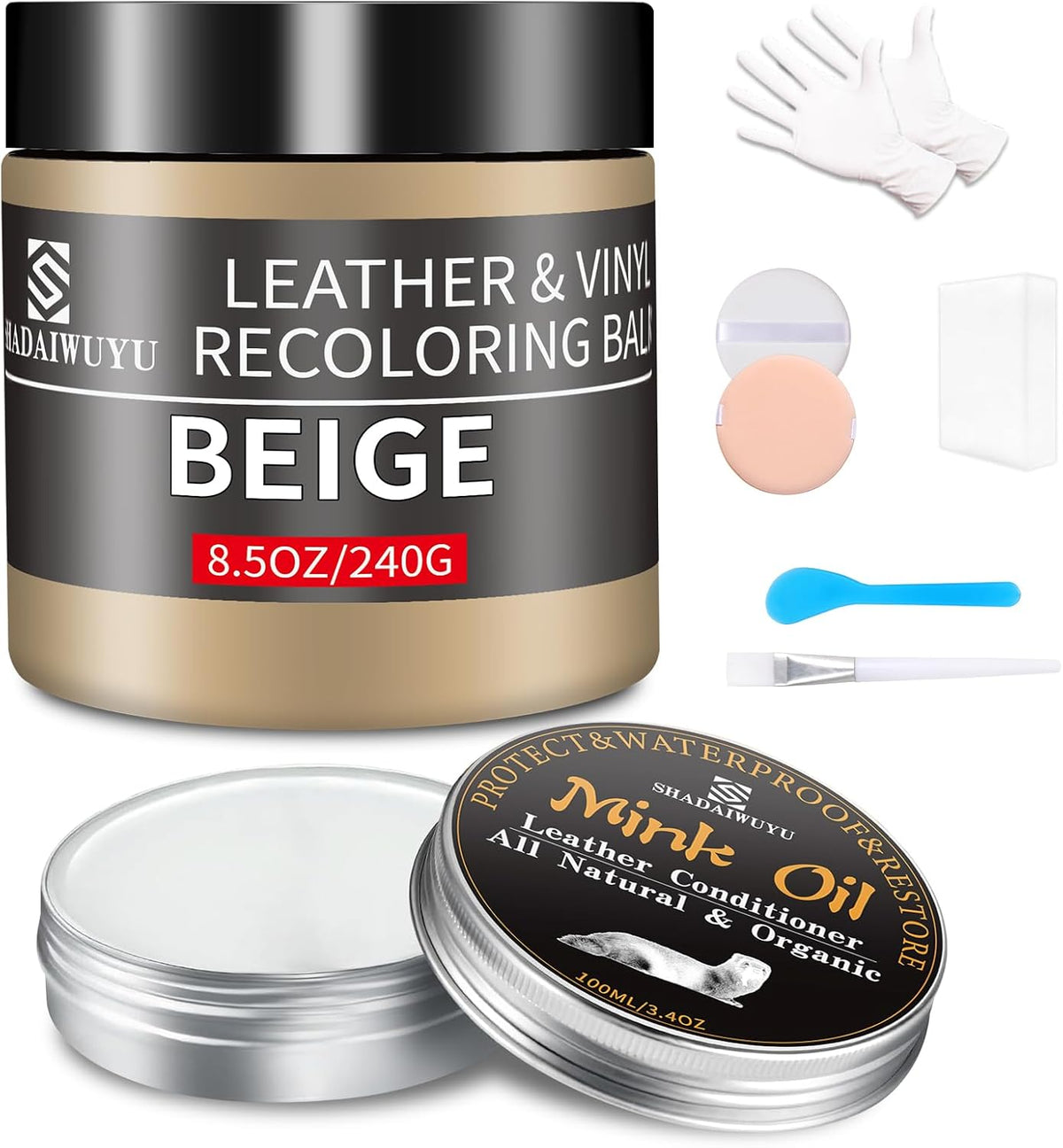 8.5oz Leather Recoloring Balm with 100ml Mink Oil,Beige Leather Repair kit for Furniture and Car Interior,Leather Couch Scratch Repair,Leather Dye Paint,Mink Oil for Leather
