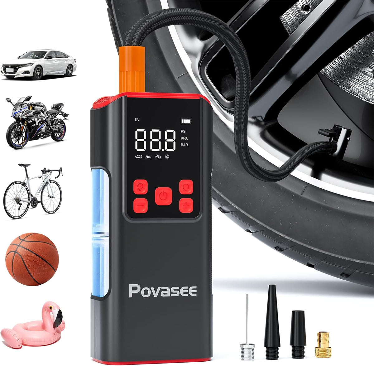 Tire Inflator Portable Air Compressor Povasee 150PSI Portable Air Pump for Tires Cordless Car Tire Inflator with LCD Display,Flashlight, 2X Tire Pump Faster suit for Cars Bikes Motorcycle Ball