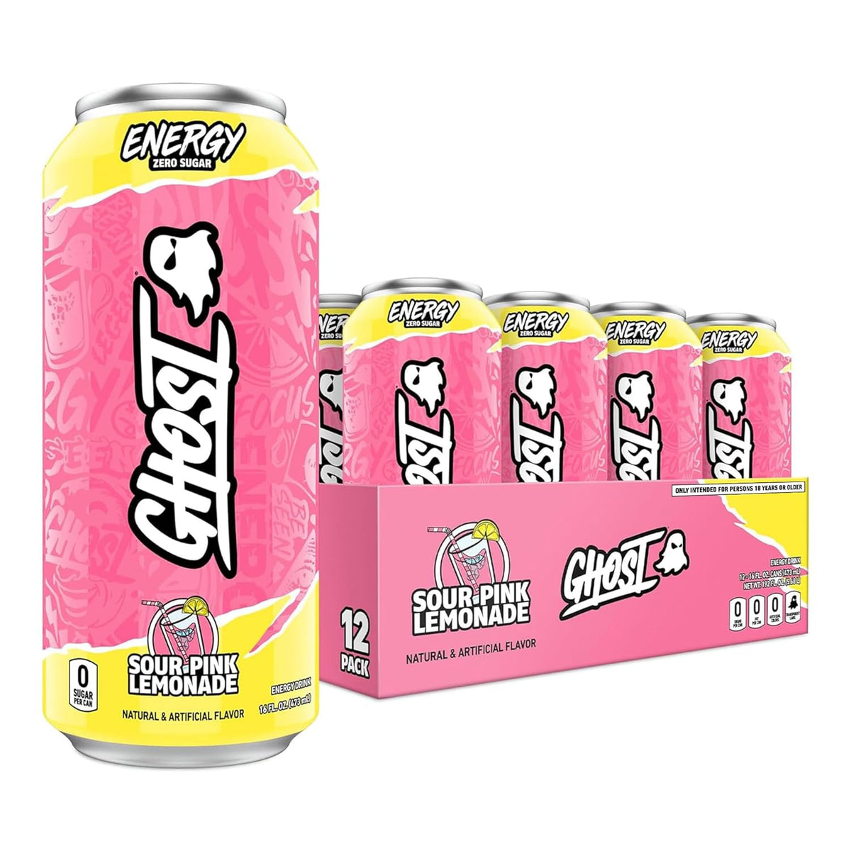 GHOST Energy Drink - 12-Pack, Sour Pink Lemonade, 16oz Cans - Energy & Focus & No Artificial Colors - 200mg of Natural Caffeine, L-Carnitine & Taurine - Gluten-Free & Vegan