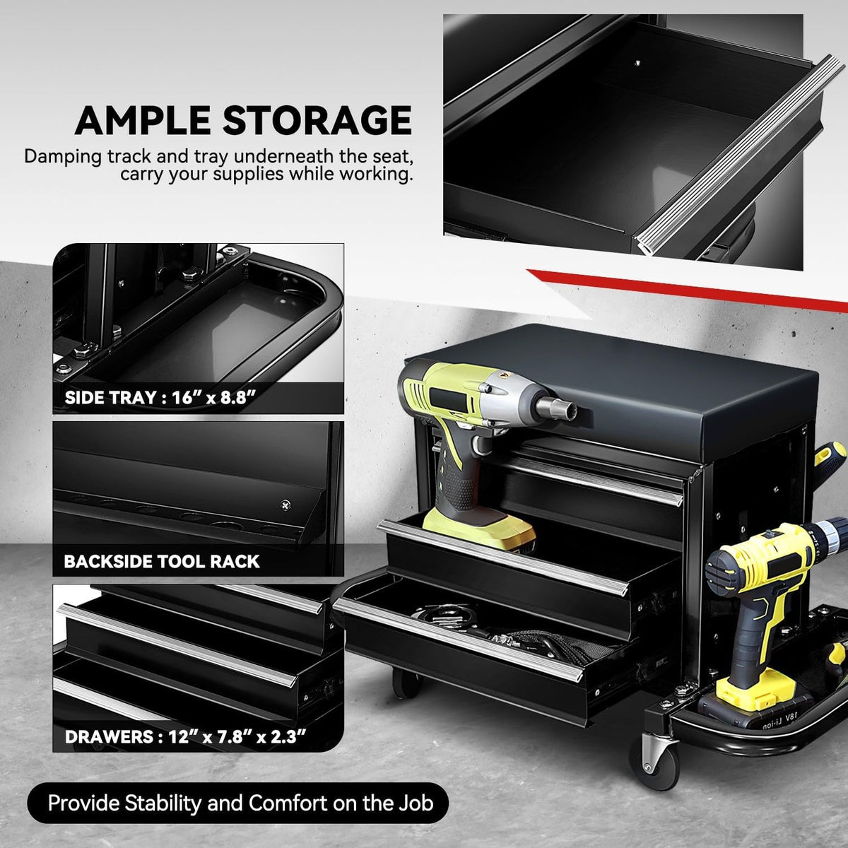 Auto Dynasty 3-Drawer Mechanic Rolling Seat, 350 LBS Capacity Roller Garage Shop Seat with Storage Tool Tray for Workshop, Repair Shop, Warehouse, Black