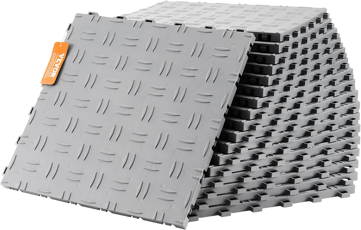 VEVOR Garage Tiles Interlocking, 12 x 12 x 0.53 inch 50 Pack Garage Floor Covering Tiles, Non-Slip Double-Sided Texture Garage Flooring Tiles, for Garages, Basements, Repair Shops, Silver