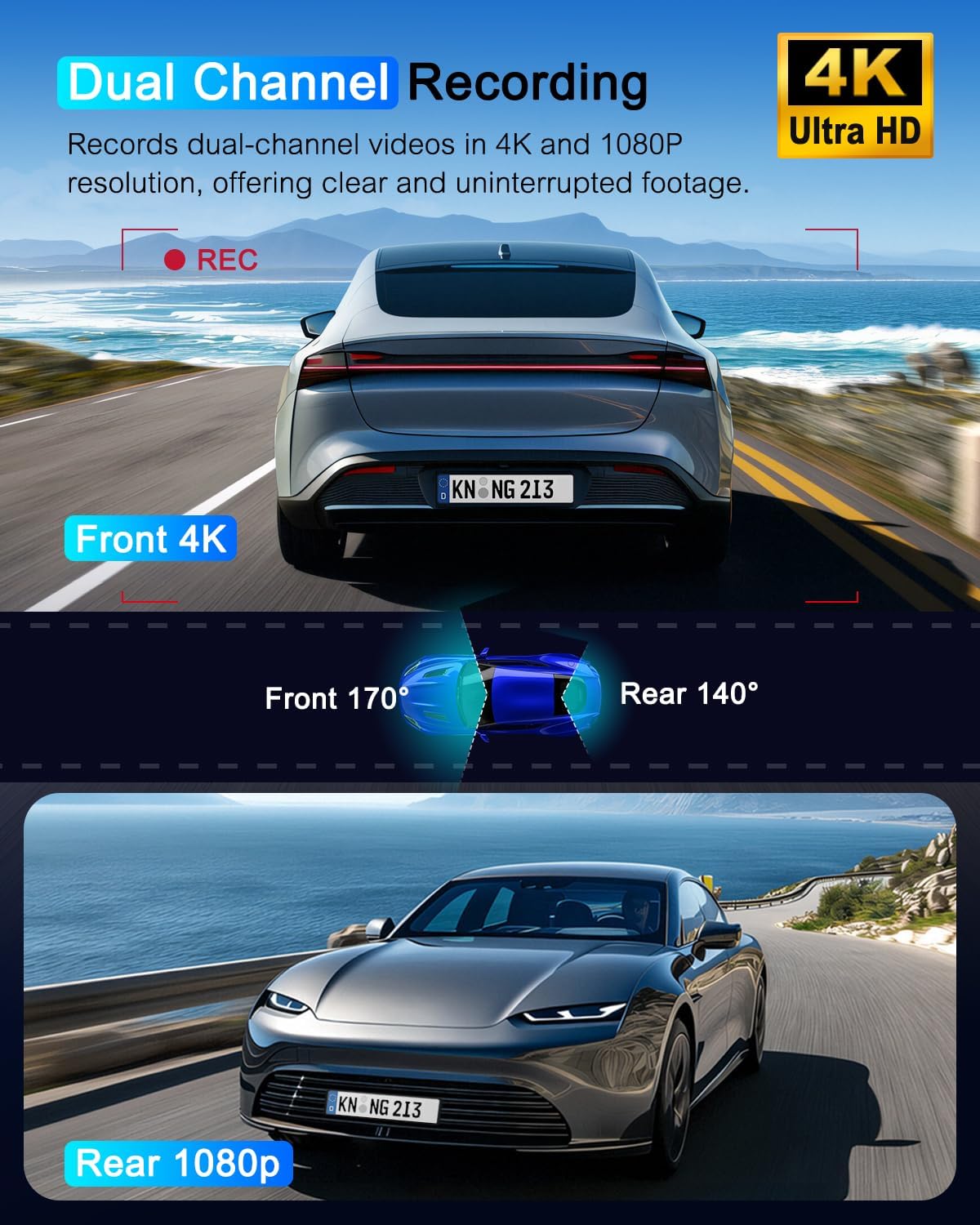 Dash Cam Front and Rear 5GHz WiFi Dashcam with CPL, 4K+1080P Dual Dash Camera for Cars, 3.69" IPS Screen Dashcam with 64GB SD Card, App Control, 24H Parking Mode, Super Night Vision, Loop Recording