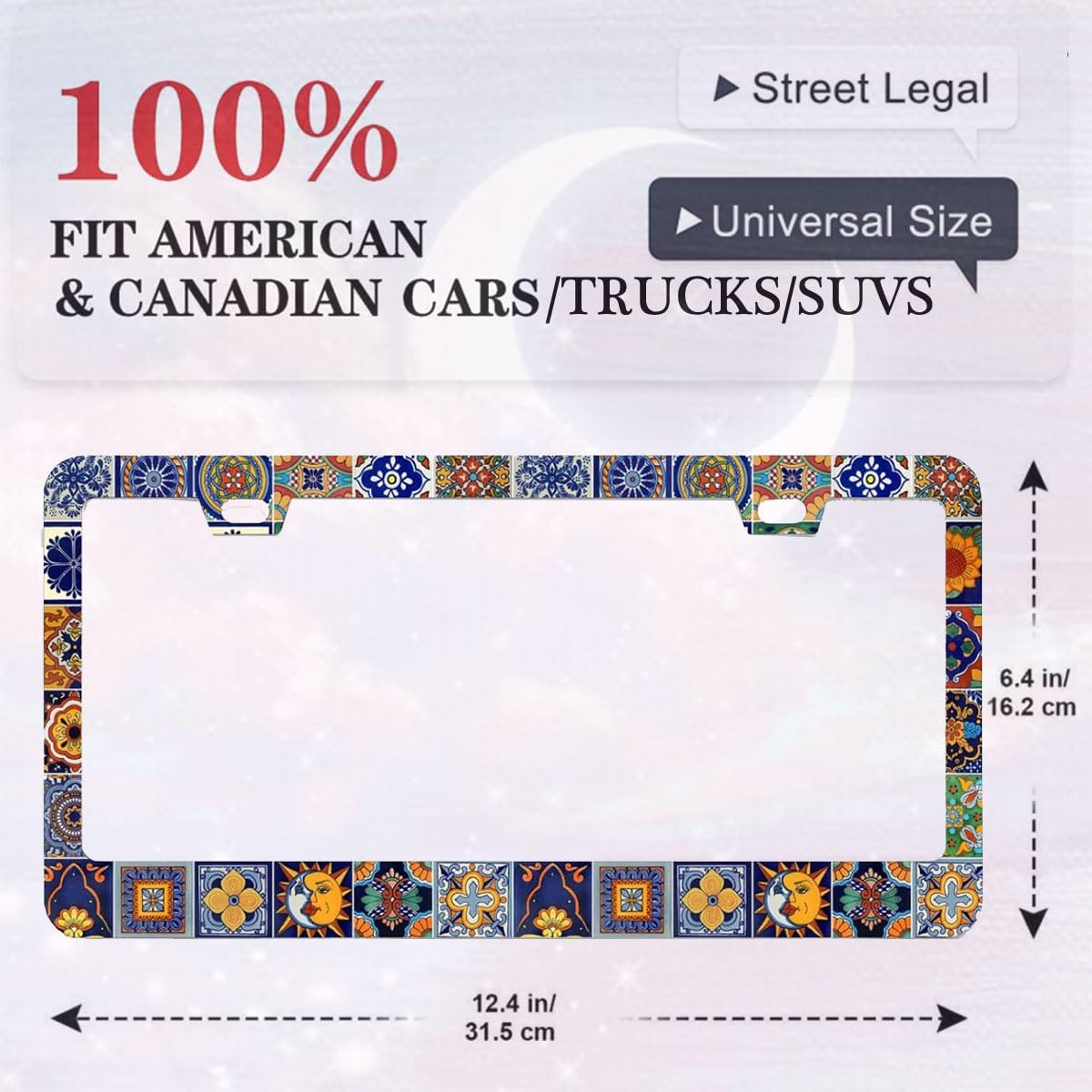 2Pack Mexican Tiles License Plate Frames Mandala Boho License Plate Frame Car Universal Aluminum Accessories Cars Decorative 2 Holes Screws Fits Standard US Vehicles Size 12.2 x 6 Inches