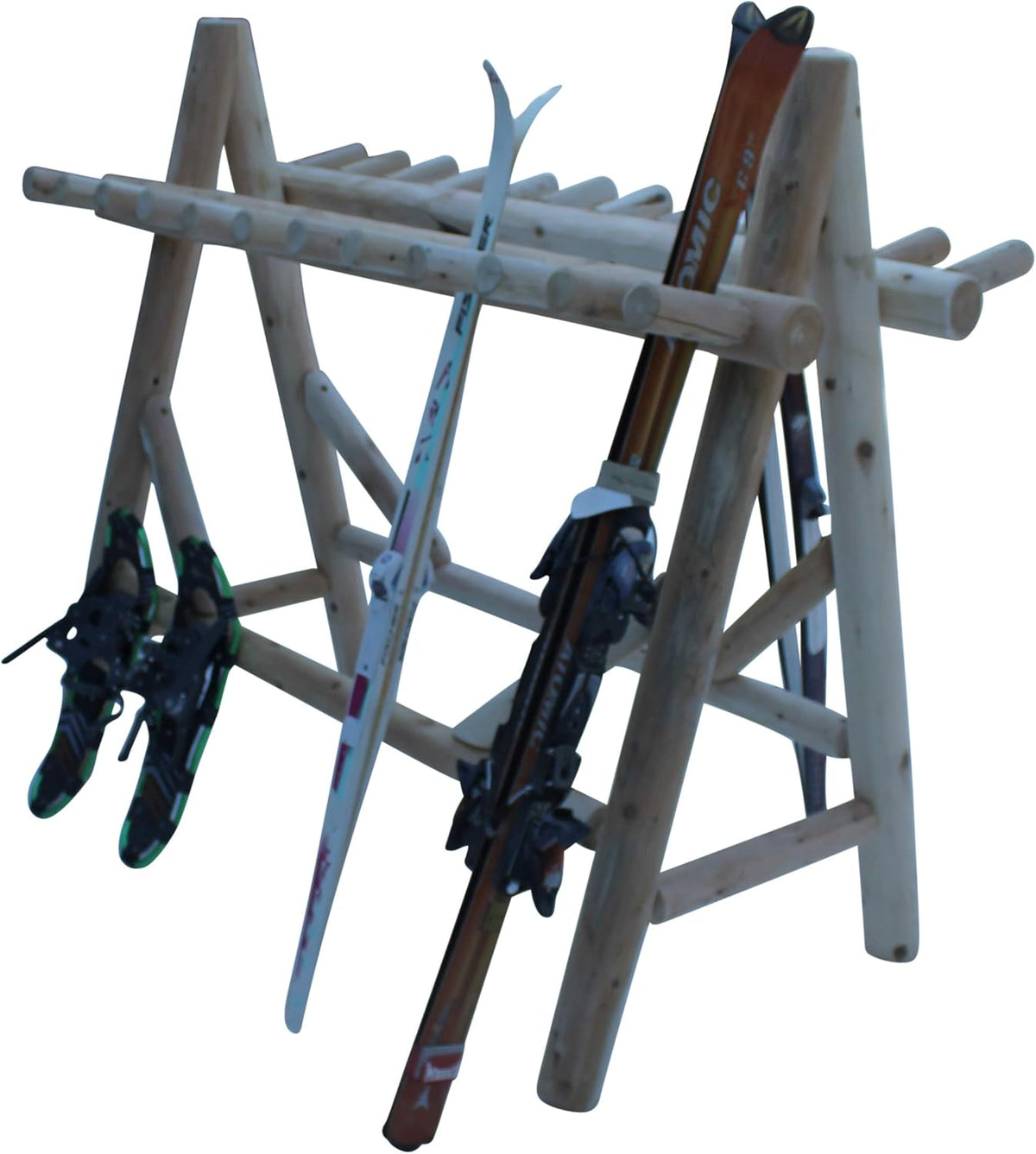 22-Place Freestanding Ski Log Racks, Pole Ski Holders, Garage Racks for Organization, Pole Stands, Snowboard Rack Garage, Snow Skis Sports Storage - Natural + 15" Anchor Kit