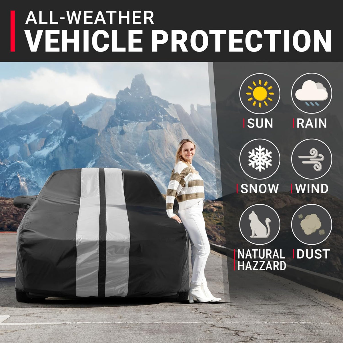 iCarCover Custom Car Cover for Pontiac G6 (2005-2010) Waterproof All-Weather Rain Snow UV Sun Protector Full Exterior Indoor Outdoor Car Cover (Stripe - Black/Gray)