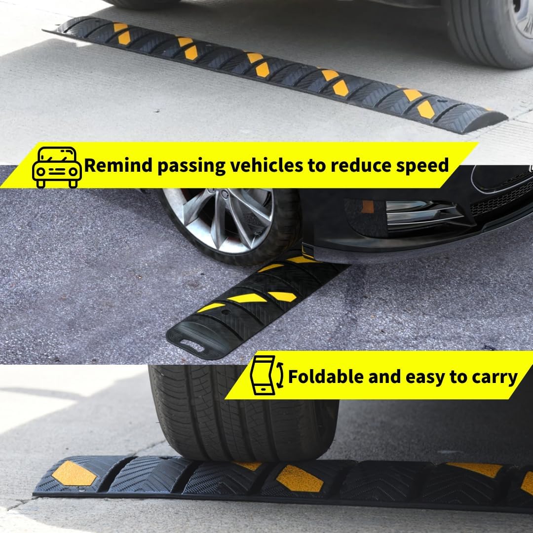 76"x10"x 2" Portable Rubber Speed Bump Reflective Yellow-Black,Quick to fold, Unfold, and Secure for Road use. Suitable for Asphalt Cement Gravel Roads Parking Lots garages Schools and Other Areas.