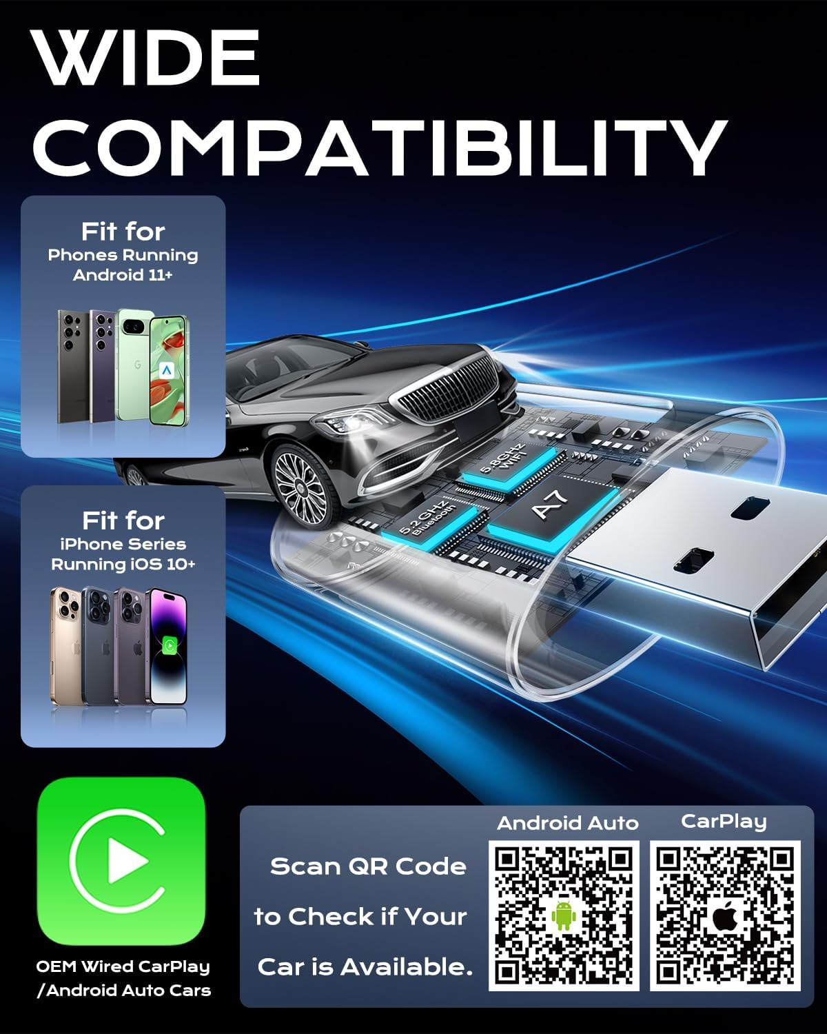 AuroraLink Wireless Carplay & Android Auto Adapter 2-in-1 Stable & No Delay Carplay Wireless Adapter Convert Wired to Wireless Car Play Dongle for iOS 10+/Android 11+ (Purple)
