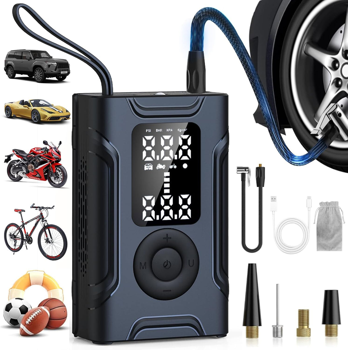 Tire Inflator Portable Air Compressor, Air Pump for Car Tires, 150PSI 20000mAh & 2X Faster Auto Tire Inflator with LED Light, LCD Display, Electric Air Pumps for Car Motorcycle Bike Balls