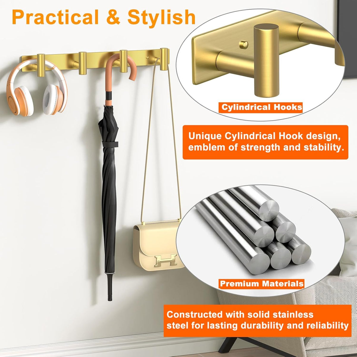Wall Mounted Coat Rack-4 Hooks, Heavy Duty Stainless Steel Hook Rail for Towel Coat Hat Purse Bag Jacket, Towel Hooks for Entryway Bathroom Kitchen (Gold 4 Hooks - 1 Pack)
