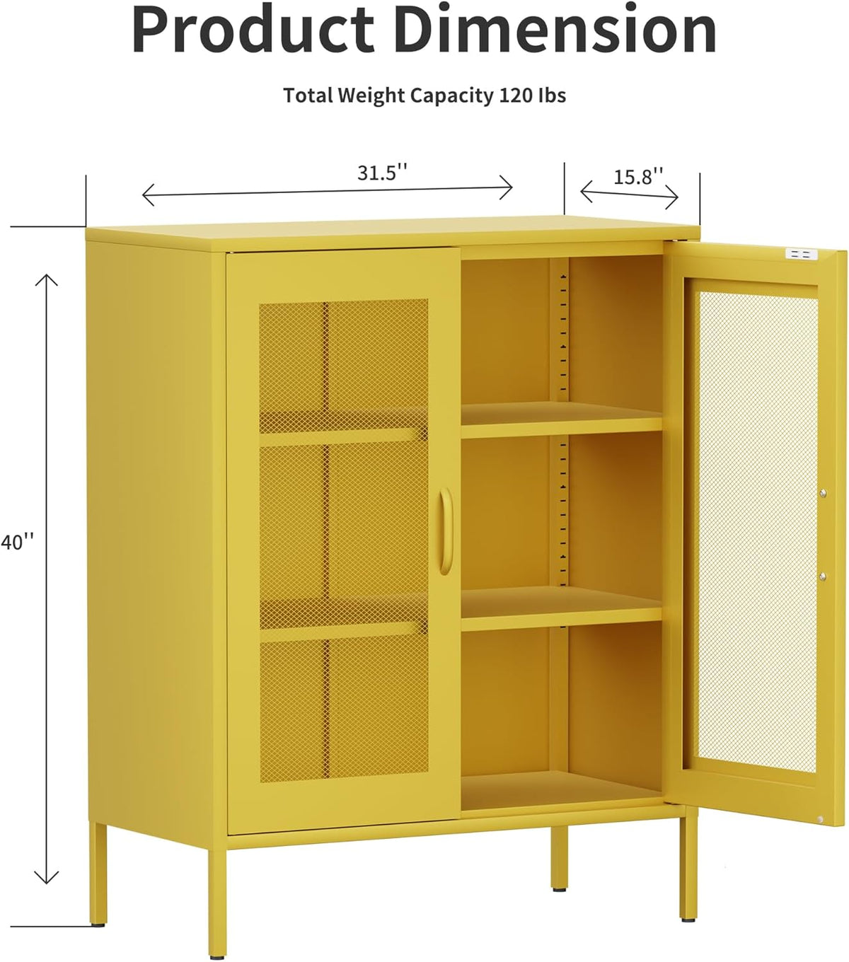 Metal Storage Cabinet with Mesh Doors,Steel Display Cabinet with Adjustable Shelves,Metal Office Storage Locker for Home Office,Garage(Yellow, 40''H)