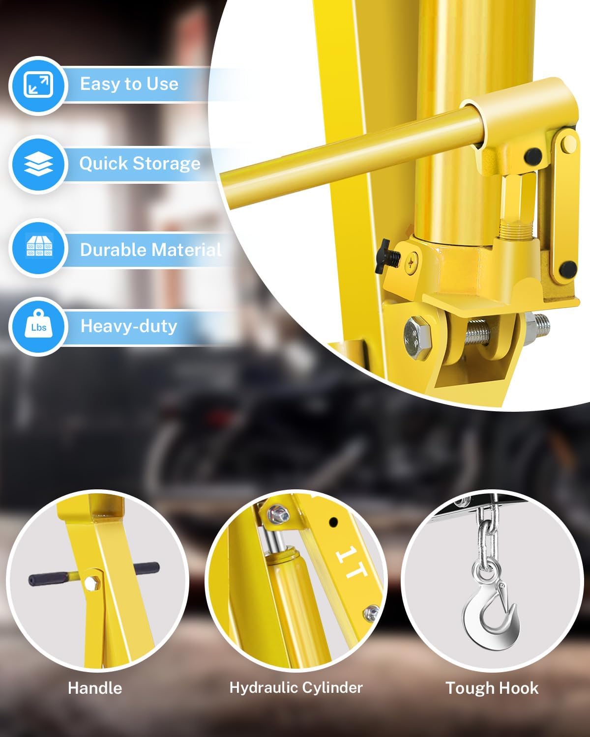 2-Ton Folding Engine Hoist with Lever, Hydraulic Shop Crane with 6 Swivel Wheels & Adjustable Boom (0.5T-2T), Heavy-Duty Cherry Picker for Garage, Workshop, Truck, Farm (Net Wt. 168 lbs)