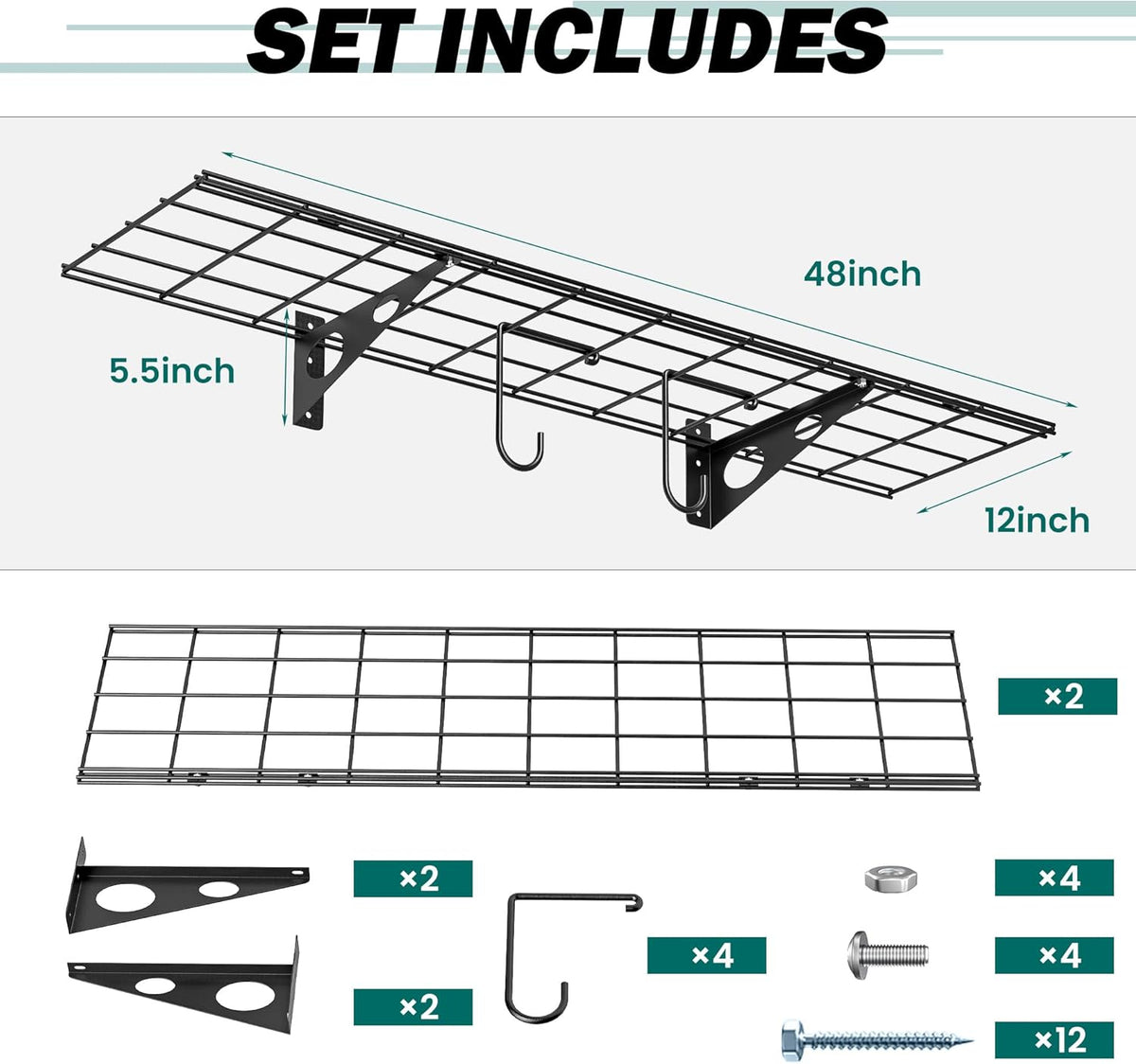 EVERHANGER Garage Wall Shelves, 12 X 48 Inch Wall Mounted Storage Shelves, Heavy Duty Metal Shelving with Hooks, 2 Pack, Black