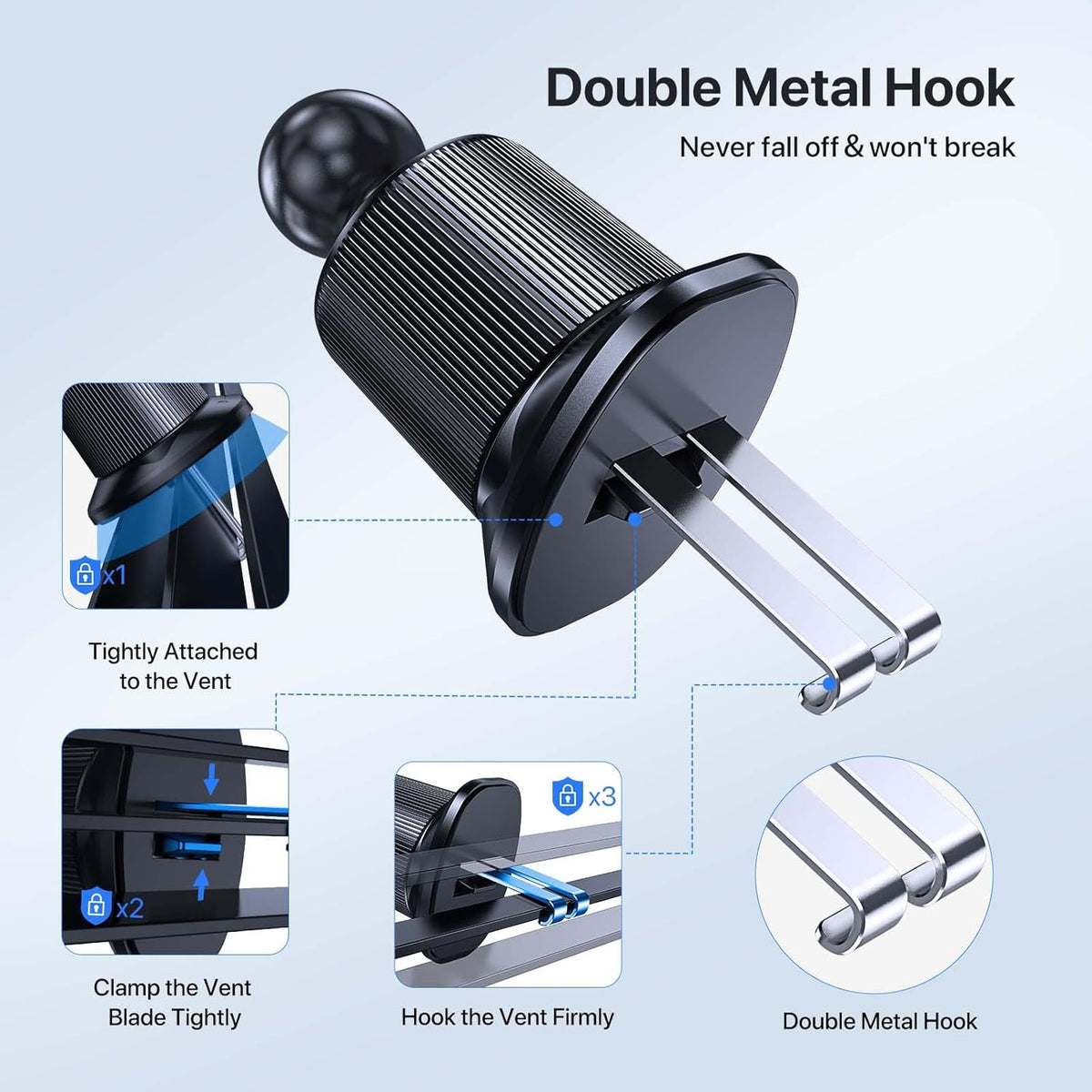 Miracase Phone Holders for Your Car with Upgraded Double Metal Hook Clip, Air Vent Cell Phone Car Mount, Universal Automobile Cradle Fit for iPhone Android and All Smartphones, Light Black