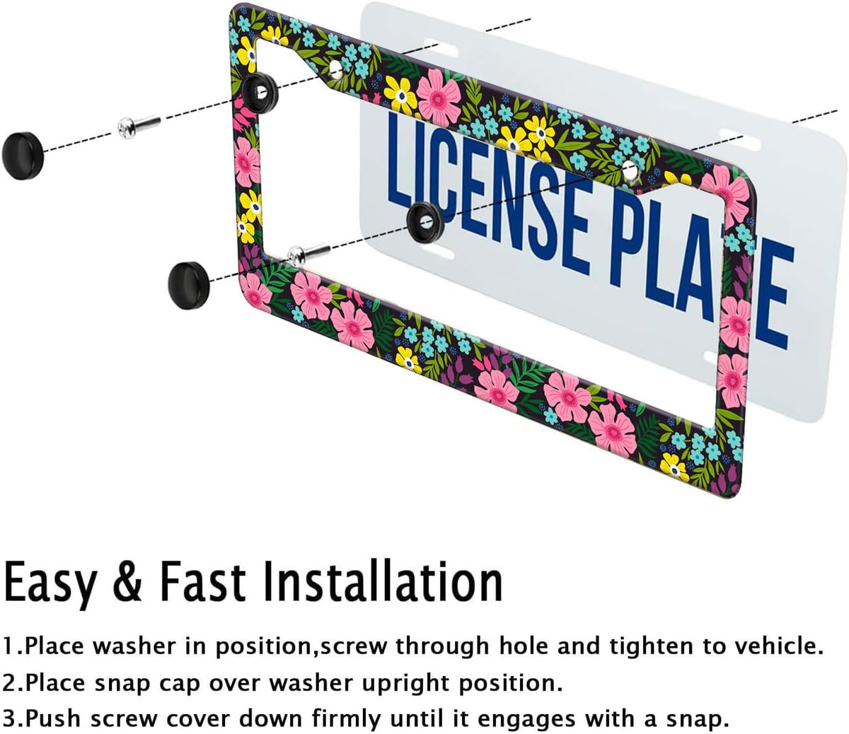 Floral License Plate Frame, Flowers License Plate Holder Covers, Metal Aluminum Rustproof Car Accessories for Us Canada Standard Women Men 2 Holes with Screw Caps