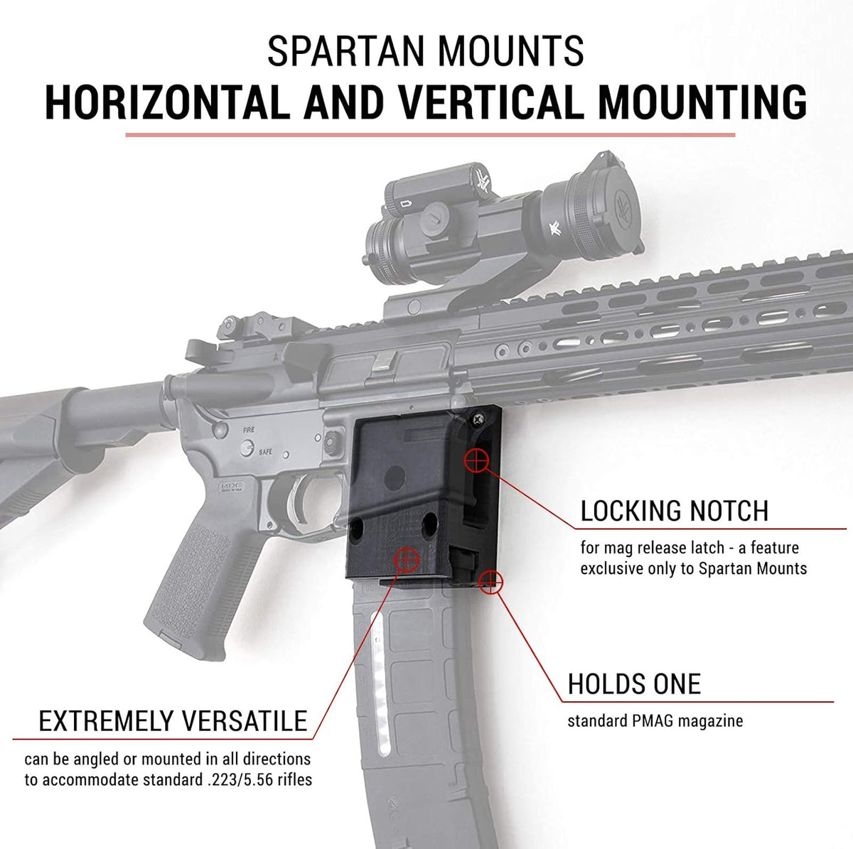 Spartan Mounts Locking .223/5.56 Rifle Mount Wall Display | Low Profile Floating Design Vertical and Horizontal Mounting Solution | Gun Room Safe Storage Organzation | Made in USA
