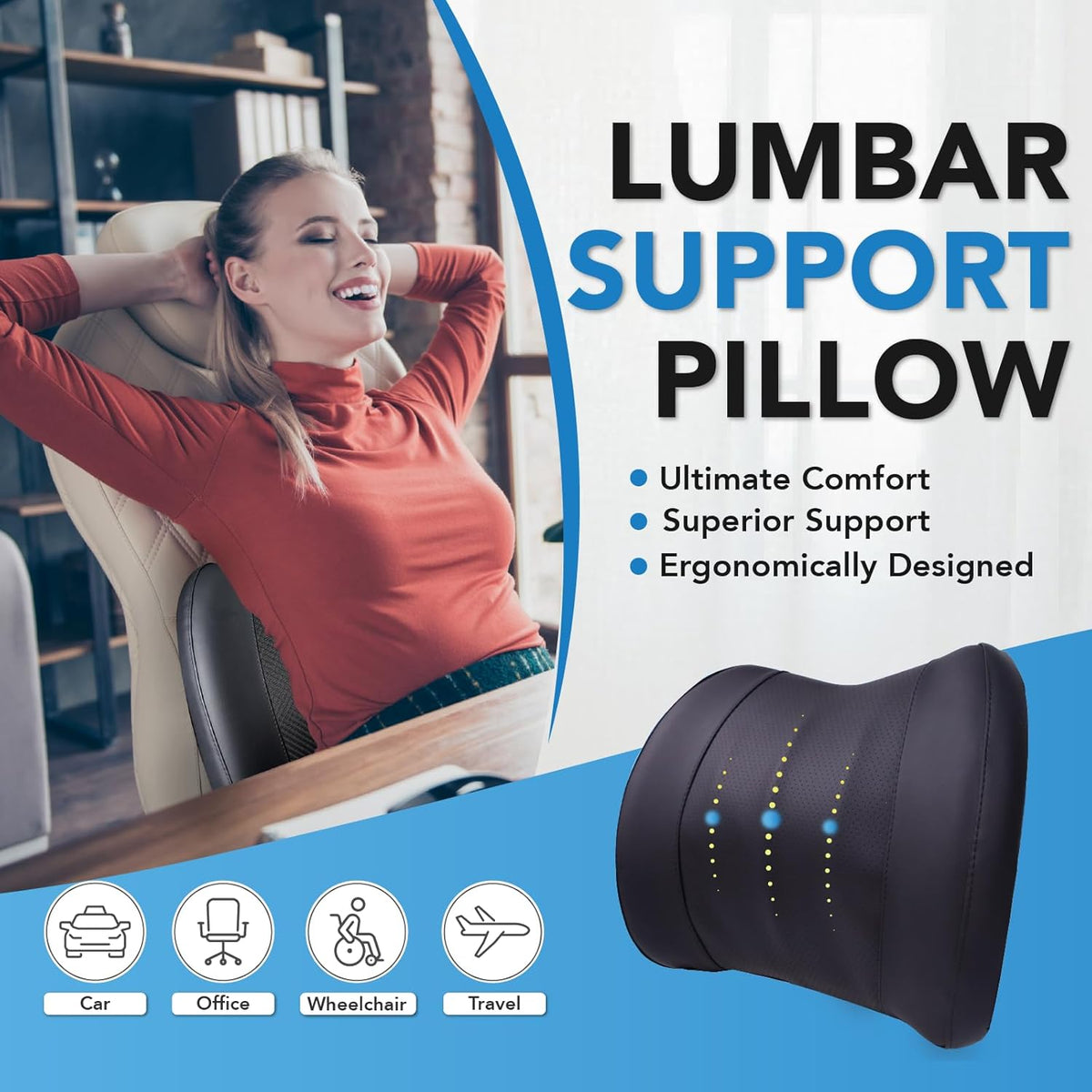 Lumbar Support Pillow for Car, Memory Foam Lumbar Pillow for Lower Back Pain Relief - Back Cushion for Driving, Chair Support for Car-Office Chair, Wheelchair - Classic Black