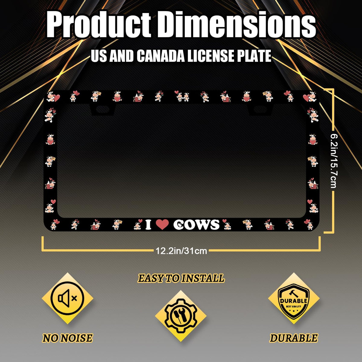 Cow License Plate Frame Cute I Love Cows License Plate Holder for Personalized Colorful Animal Car Decorative Stainless Steel Funny License Plate Cows Auto Part with Screws 12.2" x6.2"