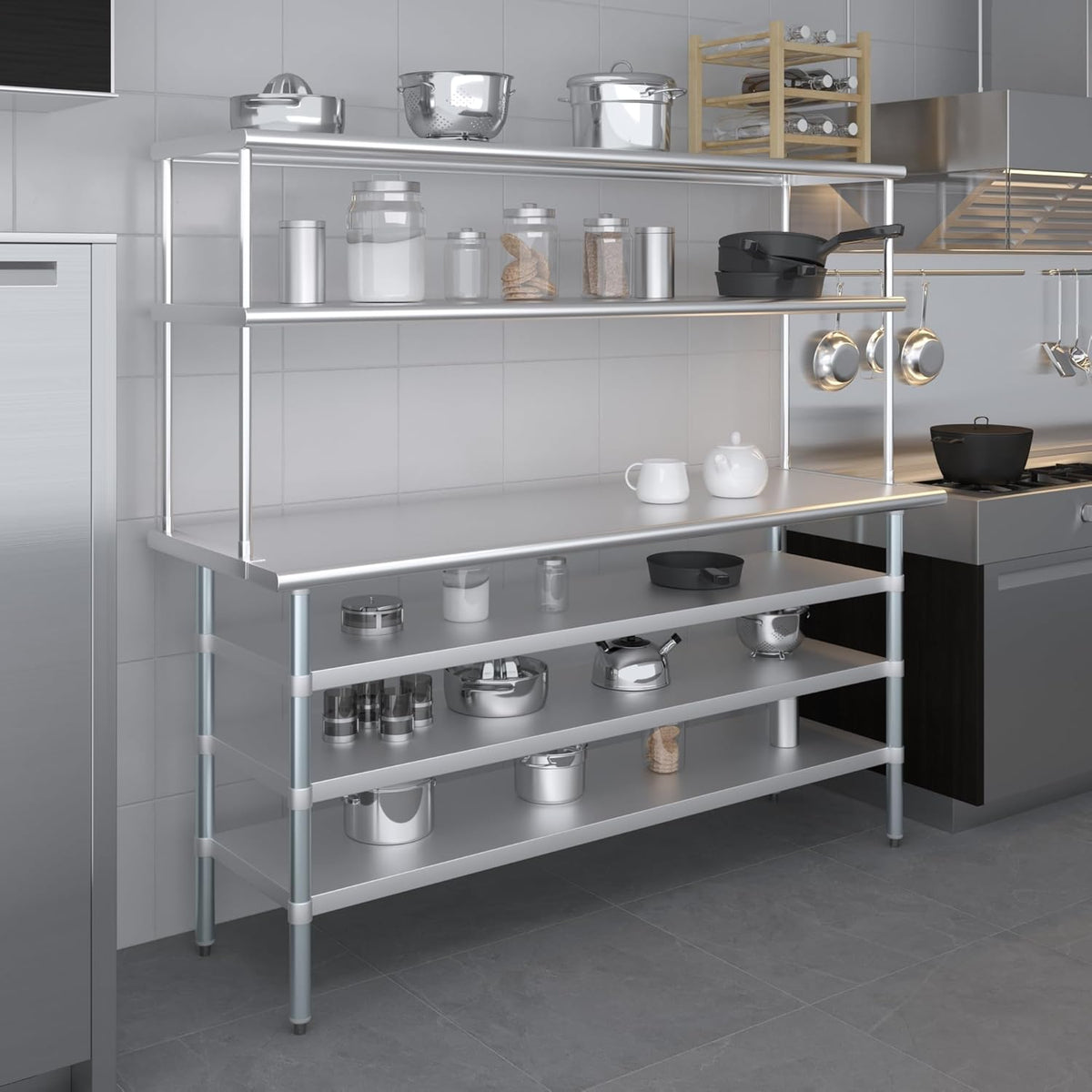 Amgood 24" x 72" Stainless Steel Work Table with 3 Shelves and 18" Wide Double Tier Overshelf | Metal Kitchen Prep Table & Shelving Combo | NSF