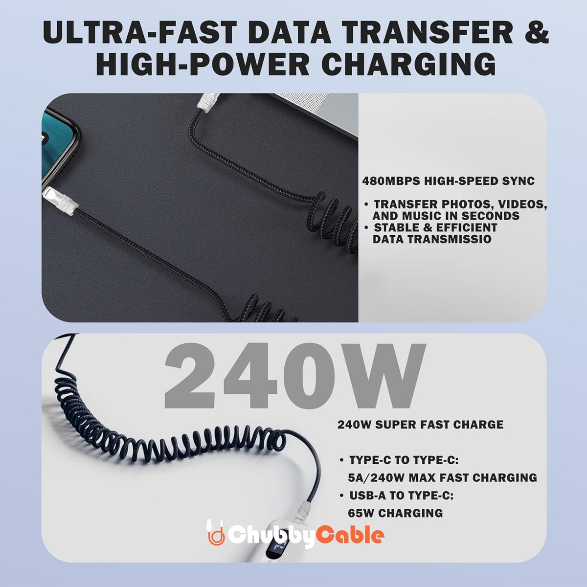 chubbycable Curly Chubby - Retractable Fast Charging Cable 240W Coiled Charger Cord for Car Durable USB-C Cable for Phones, Tablets and More, Black, USB-A to Type-C, 1.3FT-2.3FT