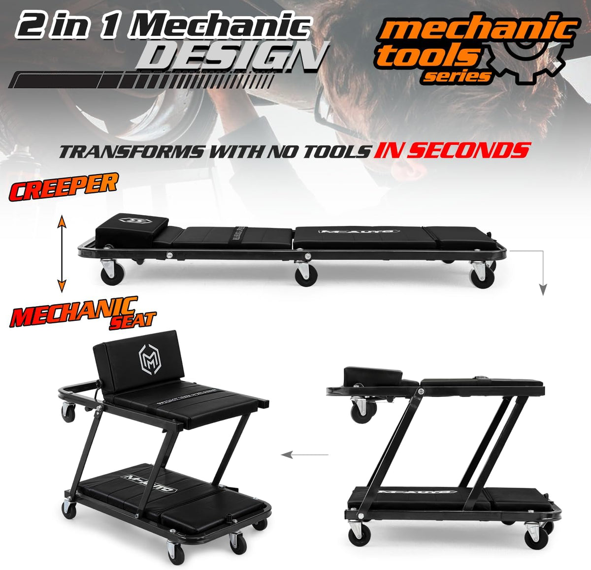 M-AUTO Heavy-Duty Convertible Mechanic Creeper, Z-Creeper 2-in-1 Creeper and Seat 48" Padded Adjustable Headrest Roller Garage Chair with 7 Swivel Casters for Washing, Detailing, Maintenance, Black