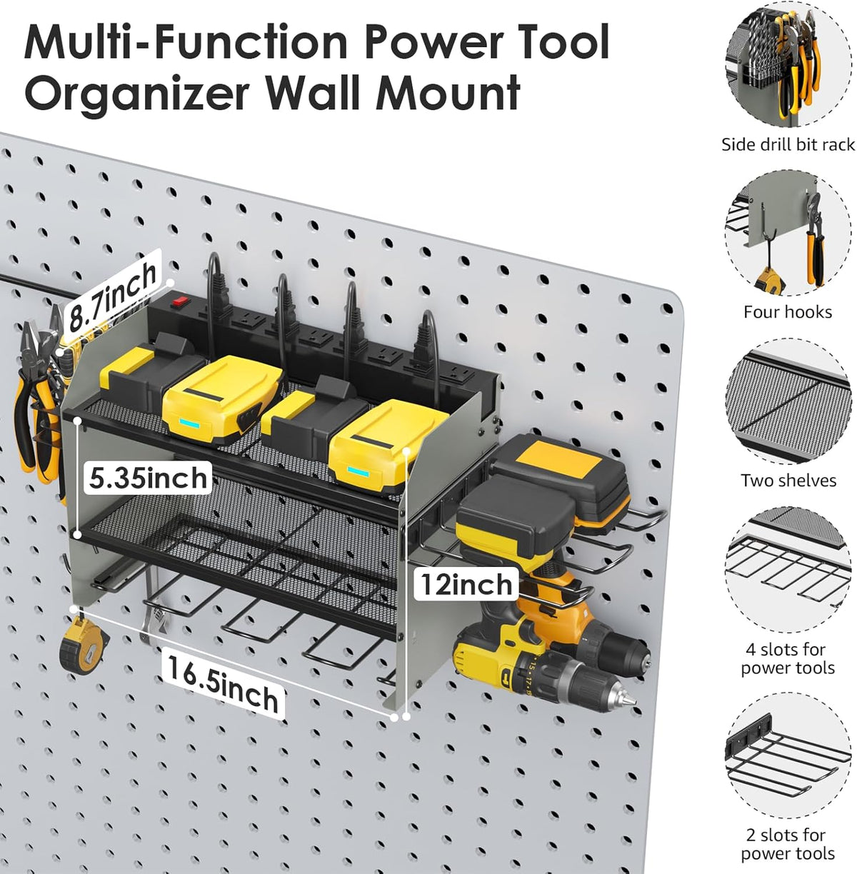 CCCEI Modular Power Tool Organizer Wall Mount Charging Station, Grey 6 Drills Holder with 8 Plug Power Strip 6FT, Garage Drill Battery Heavy Duty Metal Shelf, Utility Rack with Hooks, Side Storage.