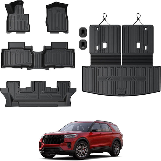 Floor Mats for 2020-2024 2025 Ford Explorer (7-seat), All Weather TPE Floor Mat Cargo Liner with Backrest Mat for Explorer ST/XLT Accessories