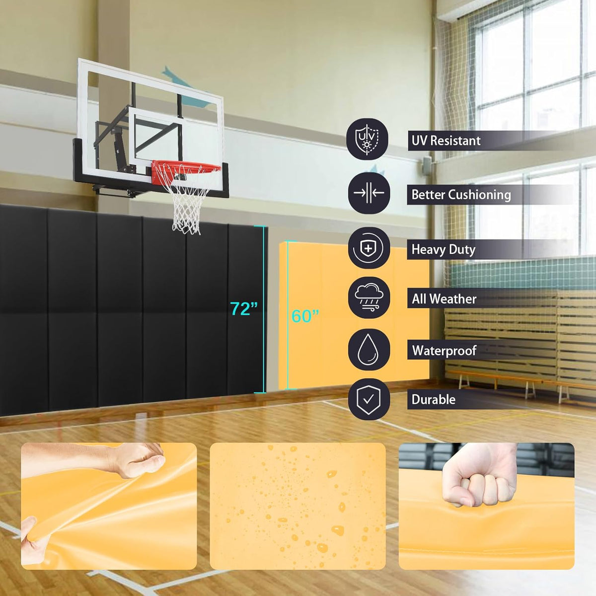 PROGOAL 60"/72" High Gym Wall Padding 2"/4" Thick Foam Basketball Court Wall Mount Protector for Garage Taekwondo Babyroom - Durable Waterproof Anti-Cushion