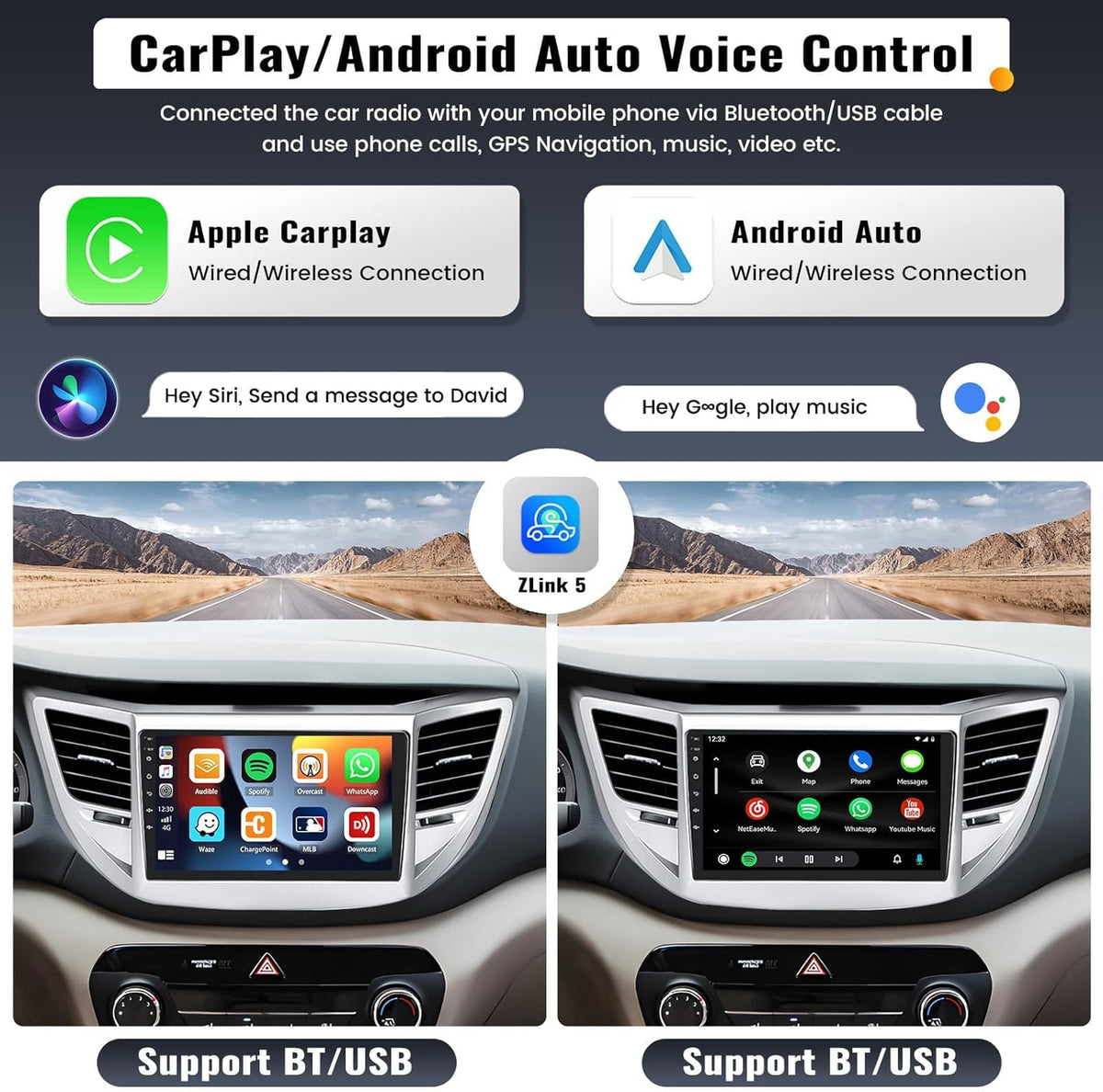 2G+64G 9 Inch Android Car Stereo for Hyundai Tucson 2015-2018 Radio Wireless Apple CarPlay Android Auto Bluetooth Touchscreen GPS Navigation Head Unit WiFi FM USB SWC Split Screen+AHD Backup Camera