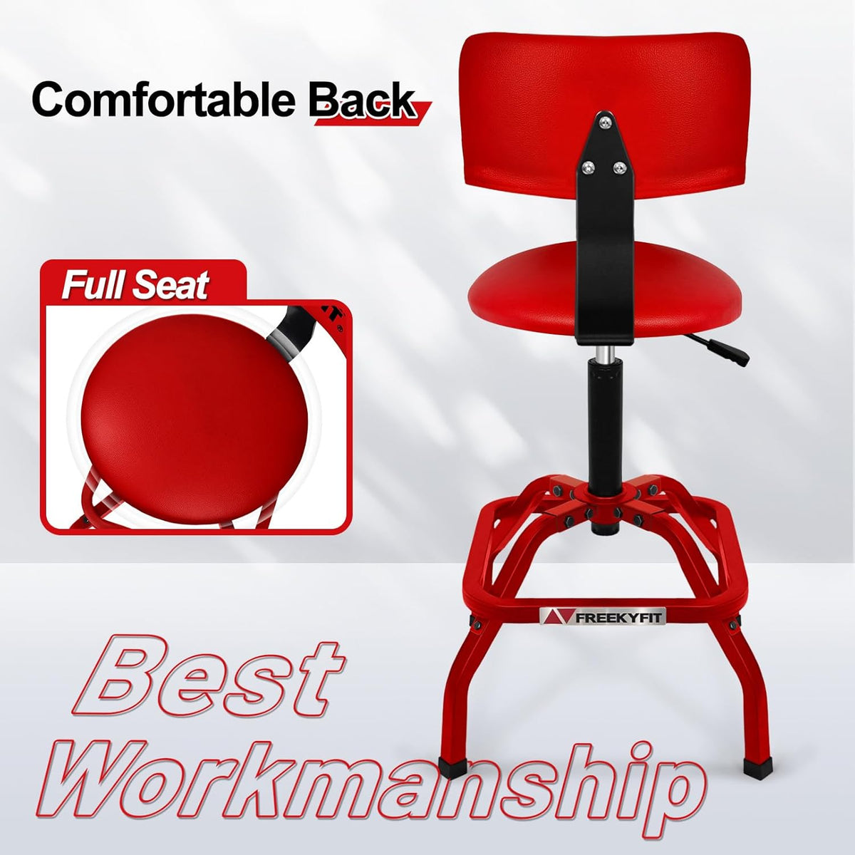 Shop Stool with Backrest, Mechanic Garage Stool for Workshop, Adjustable Shop Stools Chair, Padded Workbench Stools for Men Women, 300 LBS Capacity, 360° Swivel PVC Seat, Heavy Duty, Red