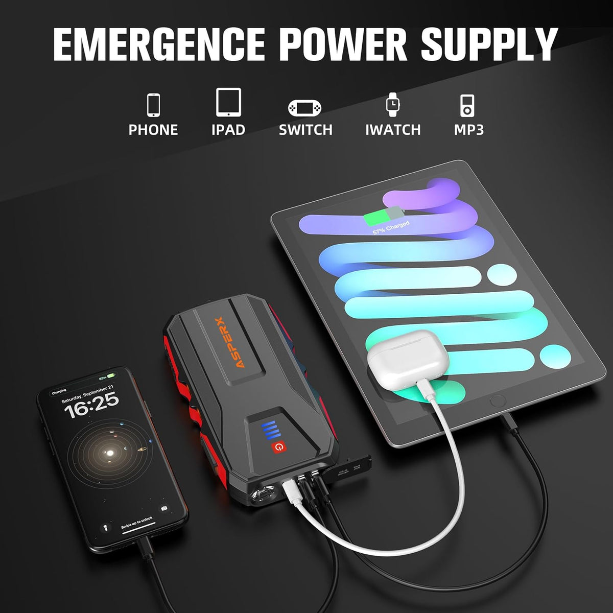 ASPERX 3000A Jump Starter for Car Battery, 12V Portable Jump Box with LED Light & Smart Jumper Cables, BMS for Up to 10.0L Gas or 8.0L Diesel Engines-Red