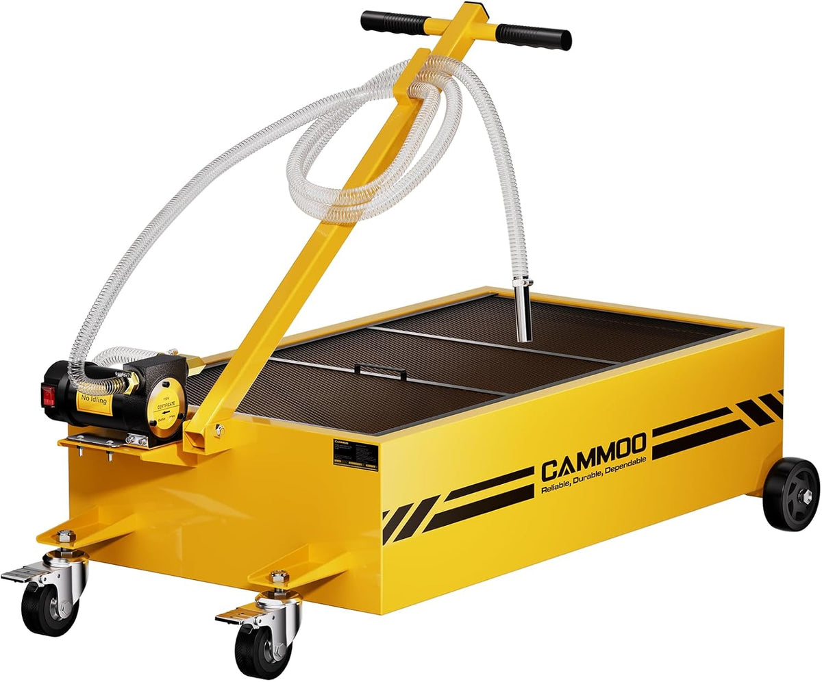 25 Gal Electric Oil Drain Pan, 110V High-Flow Pump, 9.8 FT Hose, 200 W Motor, 2 Locking Swivel Casters and 2 Directional Wheels Stable, Folding Handle, Heavy-Duty for Trucks, RVs, SUVs, Yellow