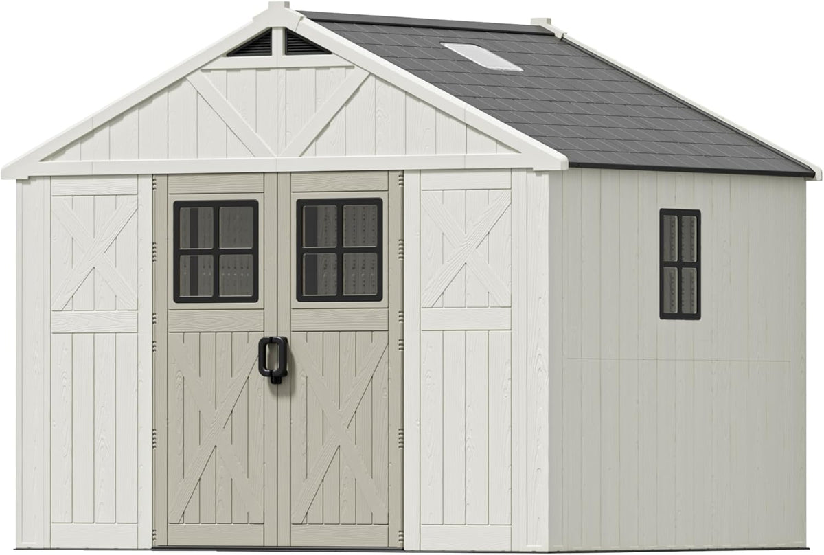 Patiowell 10 x 8 FT Outdoor Storage Shed, Plastic Shed with Floor and Skylight, Resin Storage Shed with Four-Window and Lockable Door for Garden, Patio, Backyard, Beige