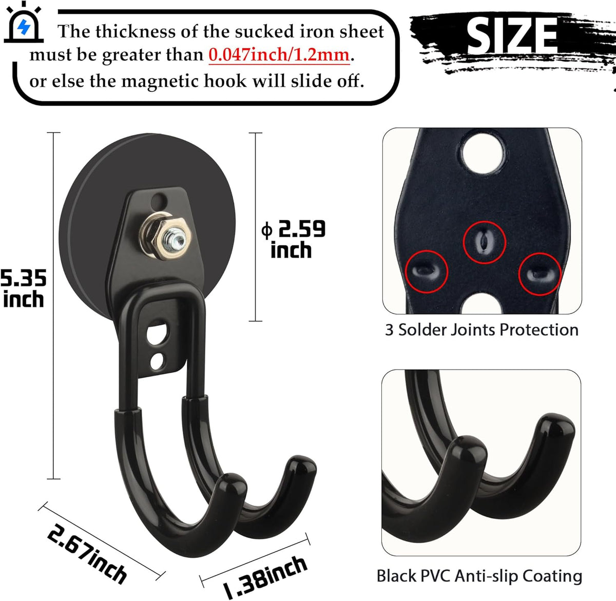 ULIBERMAGNET Garage Magnetic Hooks, 4 Pack Black Heavy Duty Large J Hooks with Magnet, Black Strong Anti-Slip Coating Magnet Hooks for Garden Tools, Ropes,Drill,Metal Cabinet,Pegboard