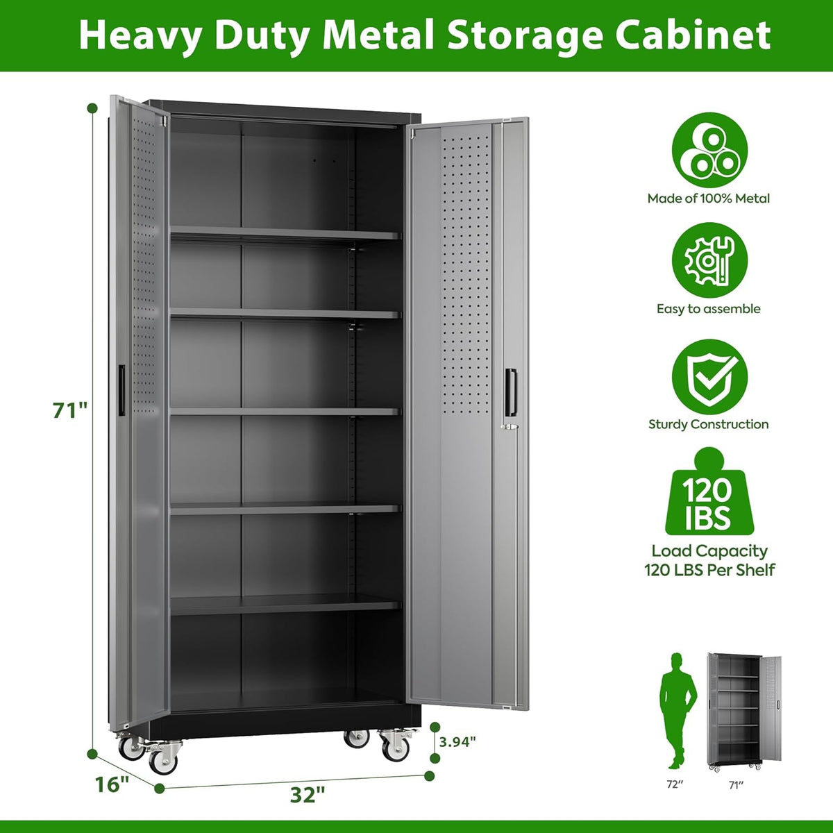 Garage Storage Cabinet with Pegboard and 5 Adjustable Shelves, 71'' x 32'' x 16''Metal Lockable Cabinet with Magnetic Doors,Tool Storage,Home Office Garage,Gym,School (Black-Grey)
