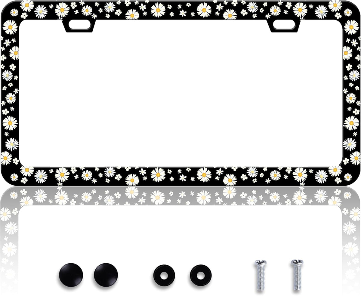 Beautiful Daisy License Plate Frame Daisies License Plate Holder Personalise Stainless Steel Funny Design Compatible with Standard License Plate Holder for USA and Canada 6 X 12 Inch with Screws